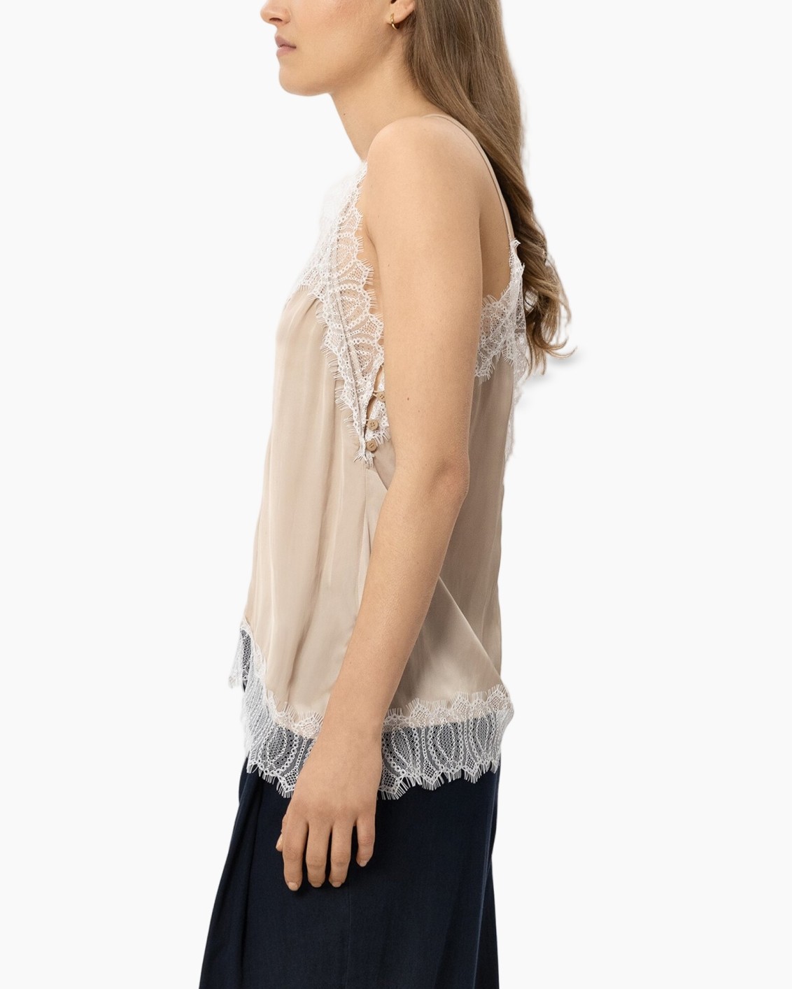 silk top, beige camisole, lace trim, spaghetti straps, asymmetric hem