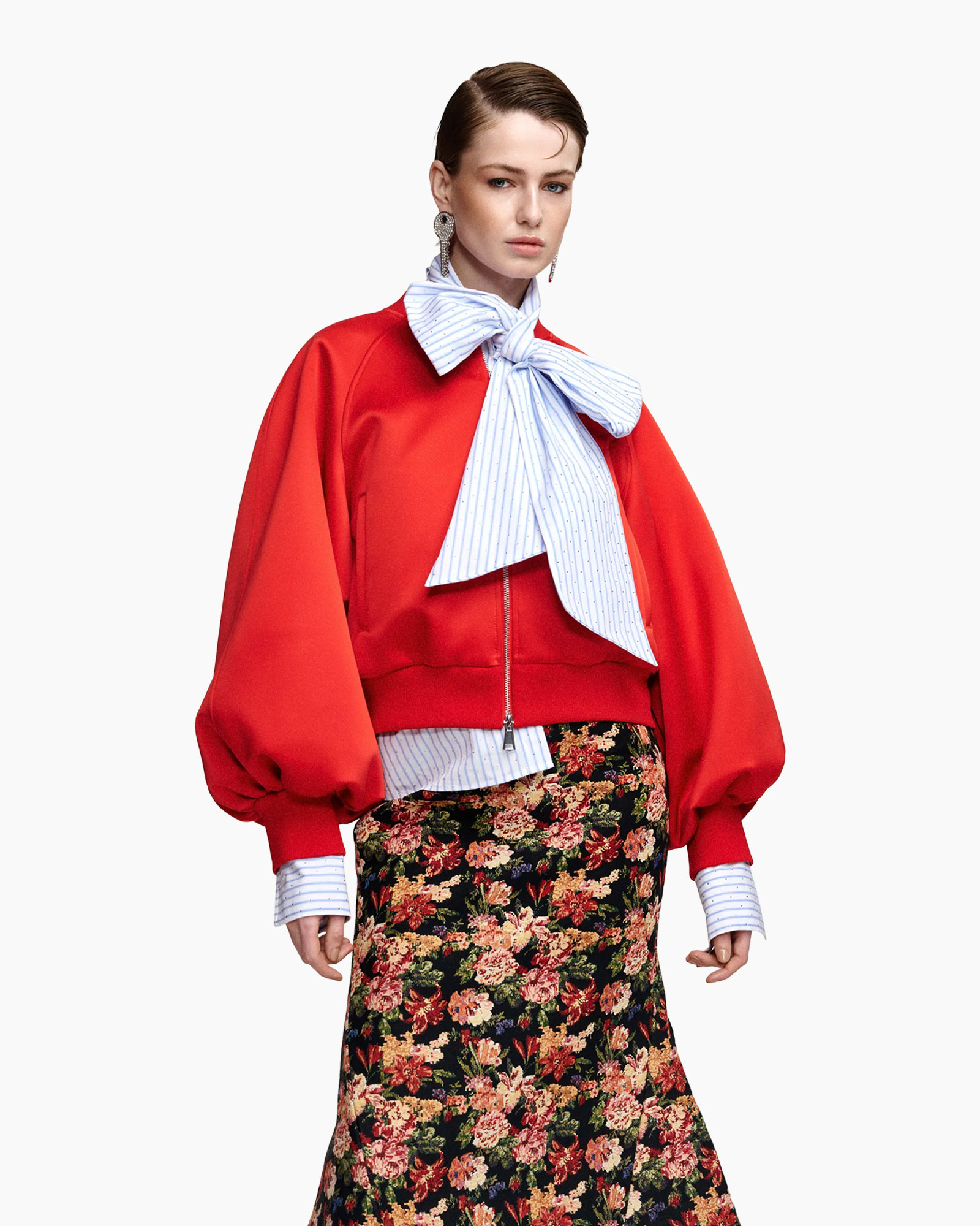 red jacket, puff sleeves, large scarf bow, floral skirt, zip front