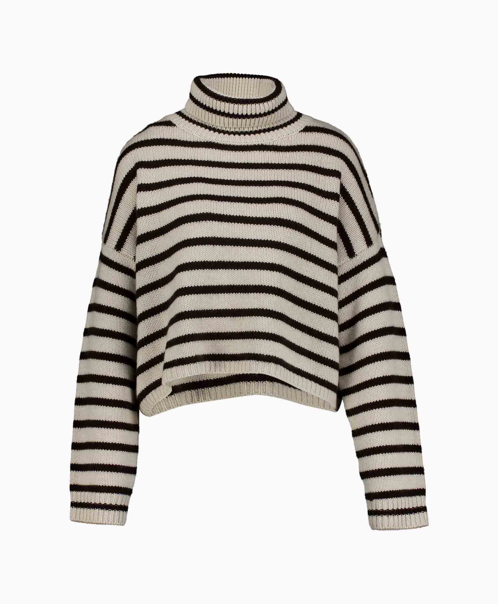 turtleneck, striped, knit, pullover, beige-black