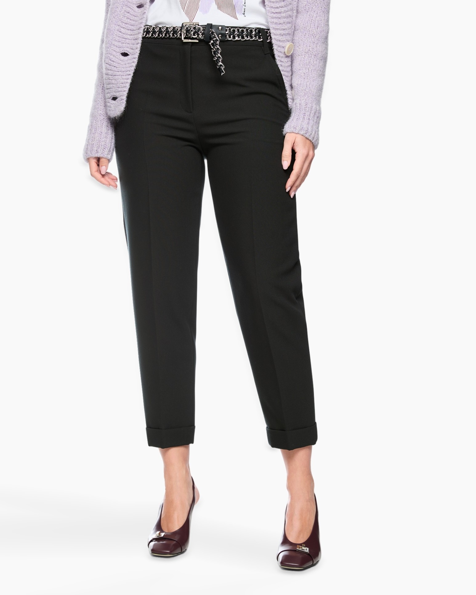 pants, black, ankle-length, slim-fit, belted