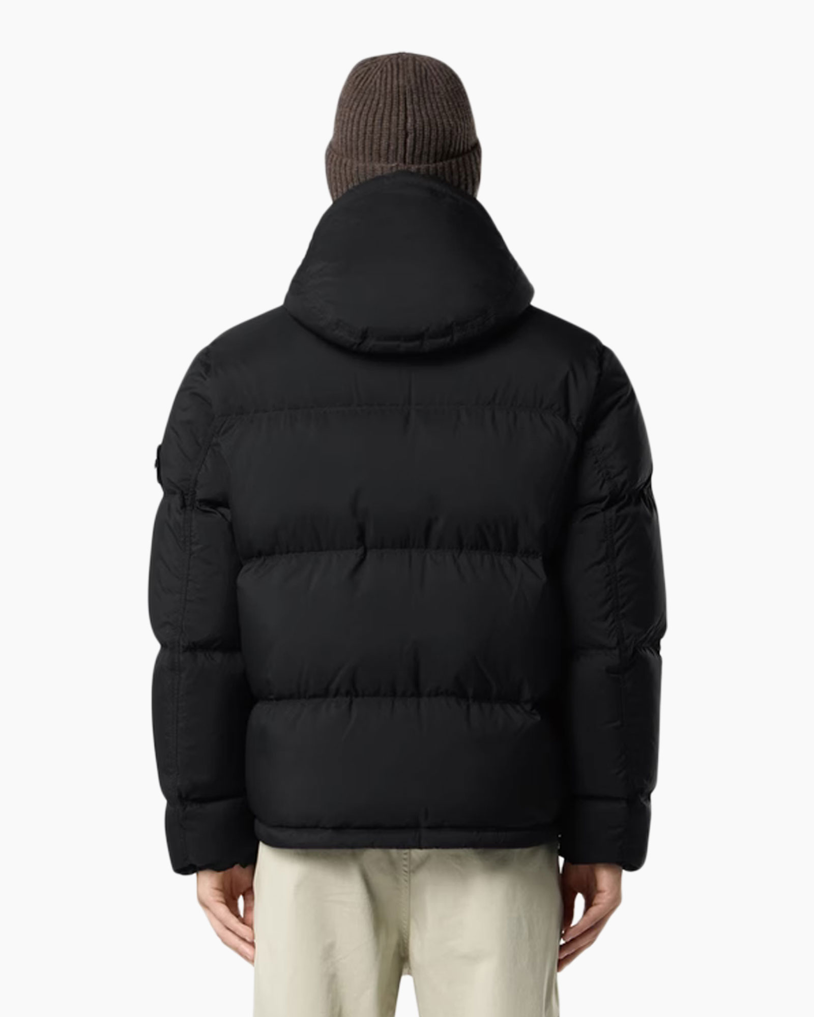 puffer jacket, black, down jacket, hooded, man back view
