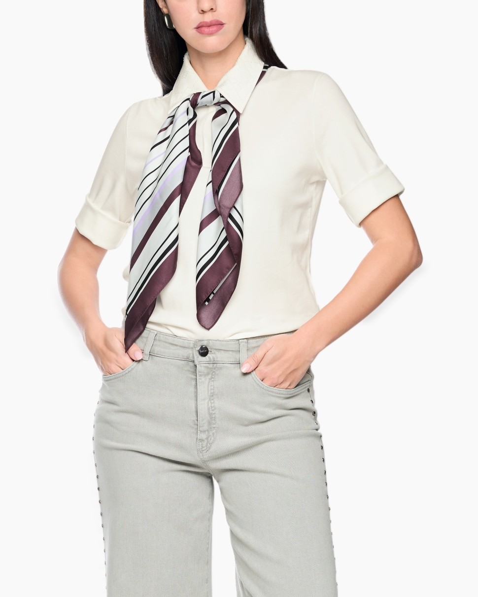 blouse, scarf, short sleeves, collar, striped scarf