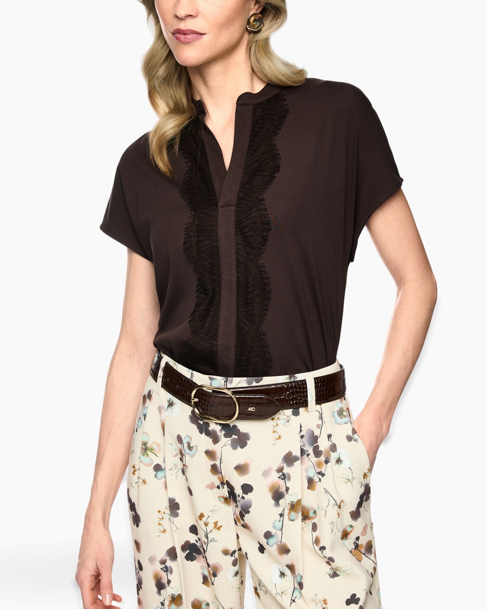 top, blouse, short sleeves, v-neck, ruffle trim