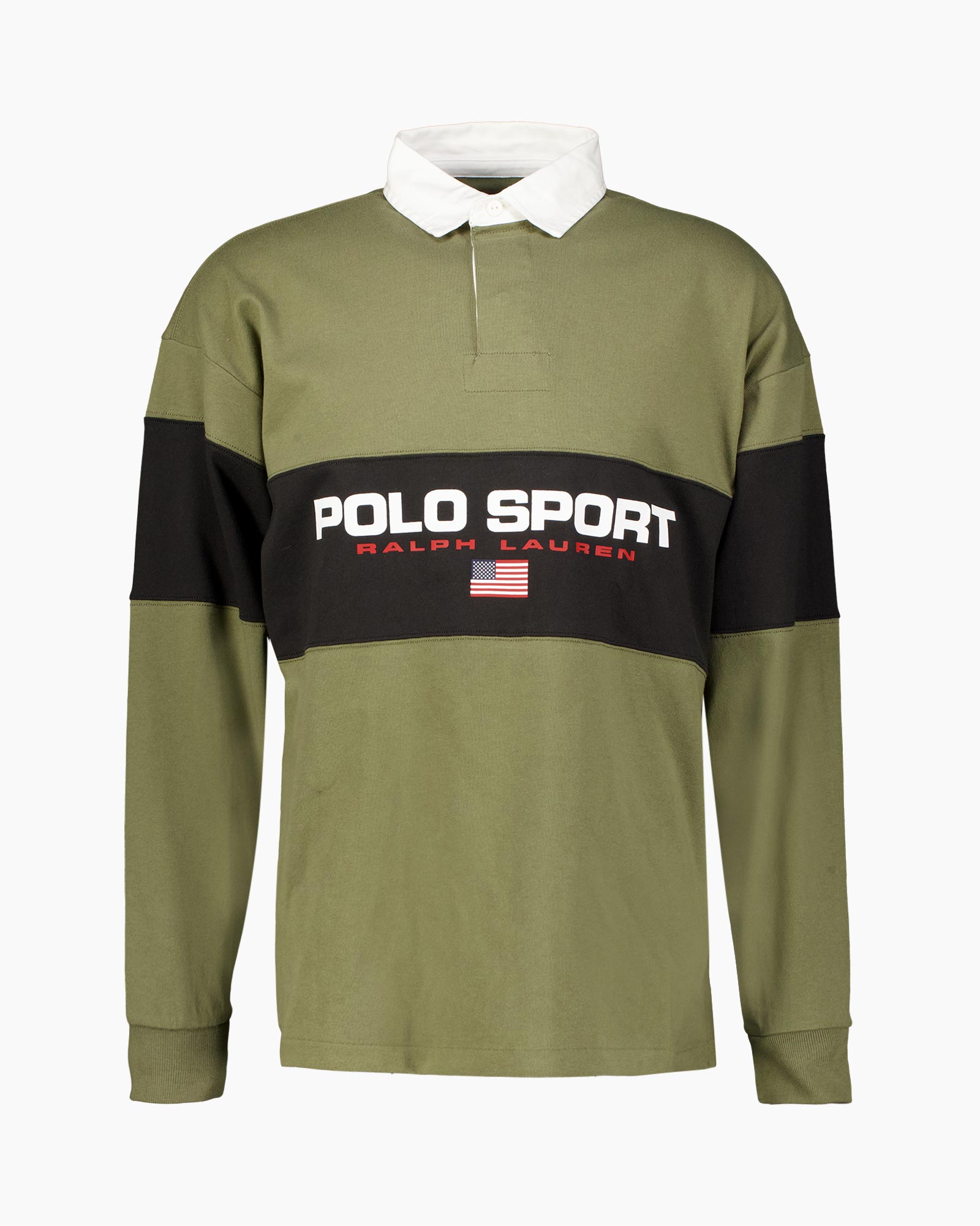 longsleeve, rugby shirt, olive green, banded stripe, logo text