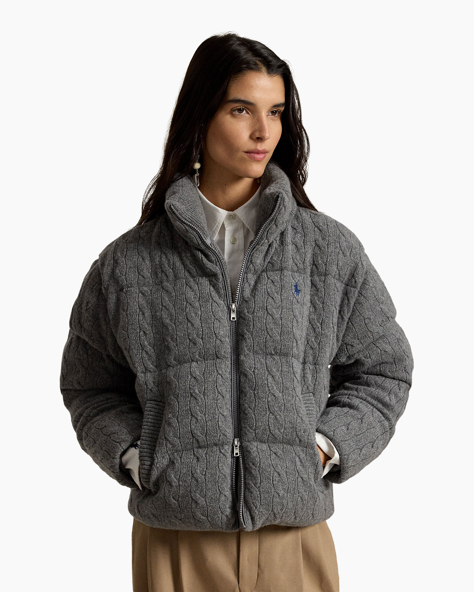 jacket, puffer, knit, gray, zipper