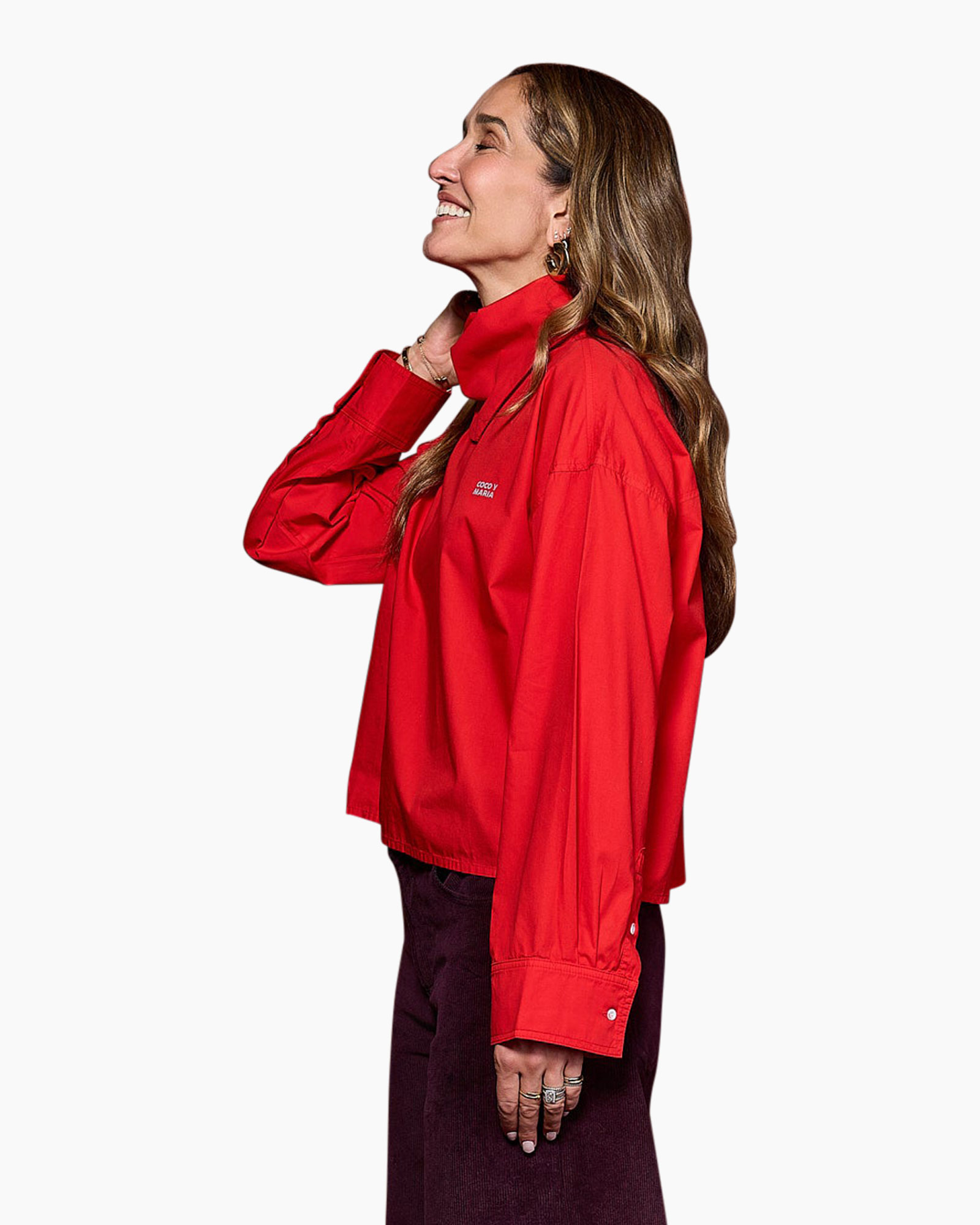 red jacket, long sleeve, collarless?, windbreaker, knit?