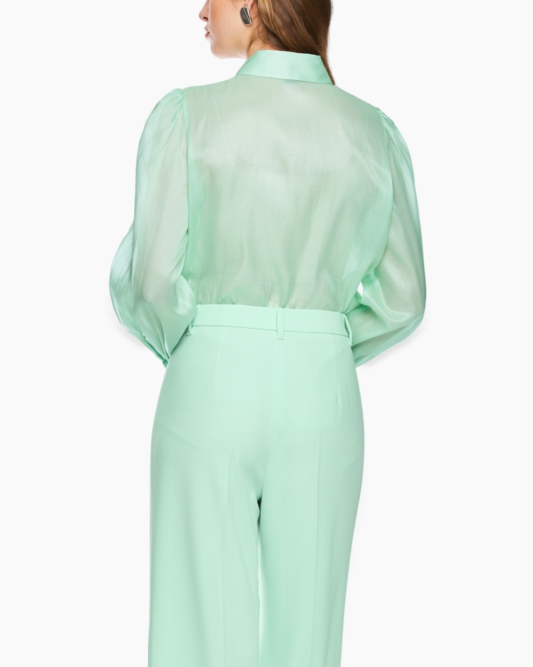 blouse, sheer, green, collared, puff-sleeve