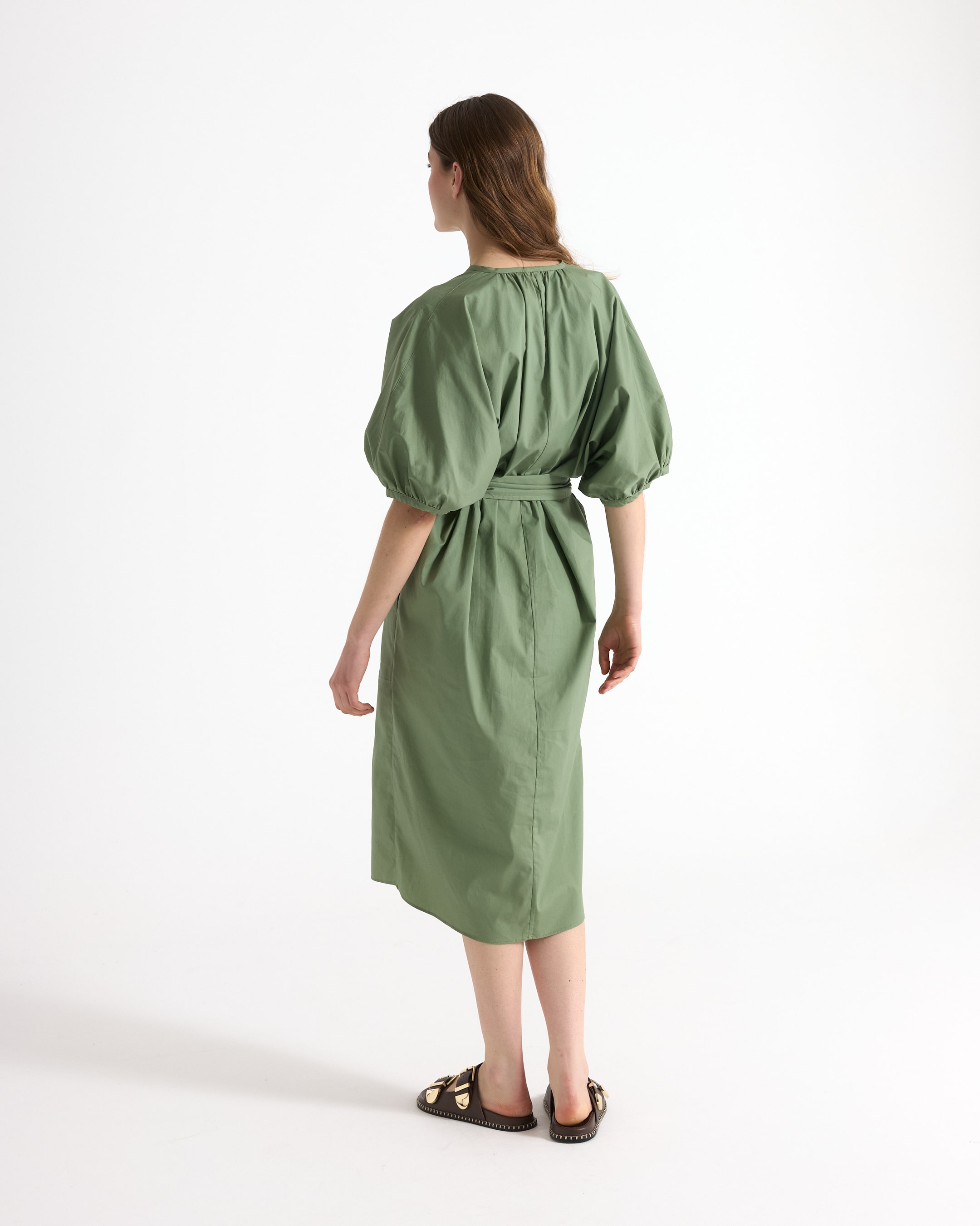 dress, green, mid-length, belted, puff-sleeve