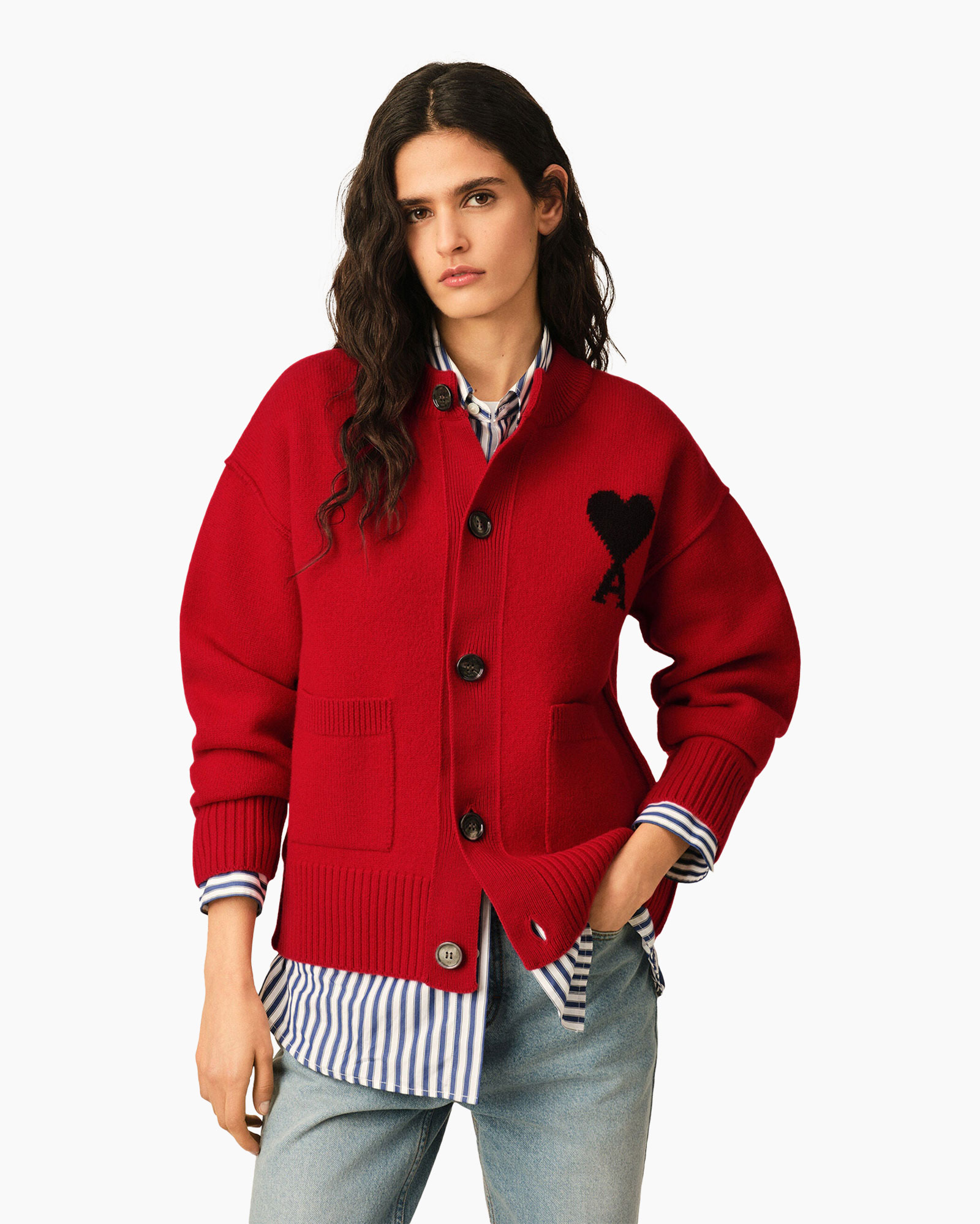 cardigan, red, heart applique, patch pockets, knit sweater