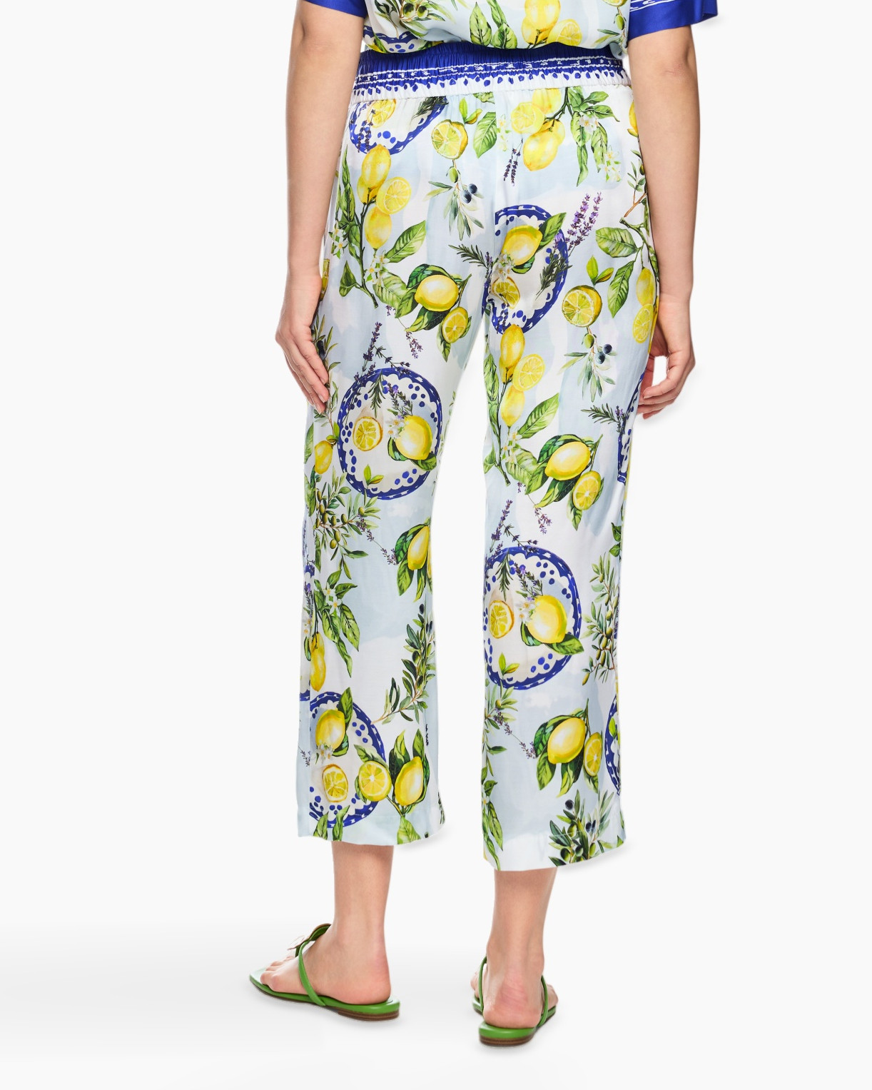 pants, calf-length, print, lemons, palm tree