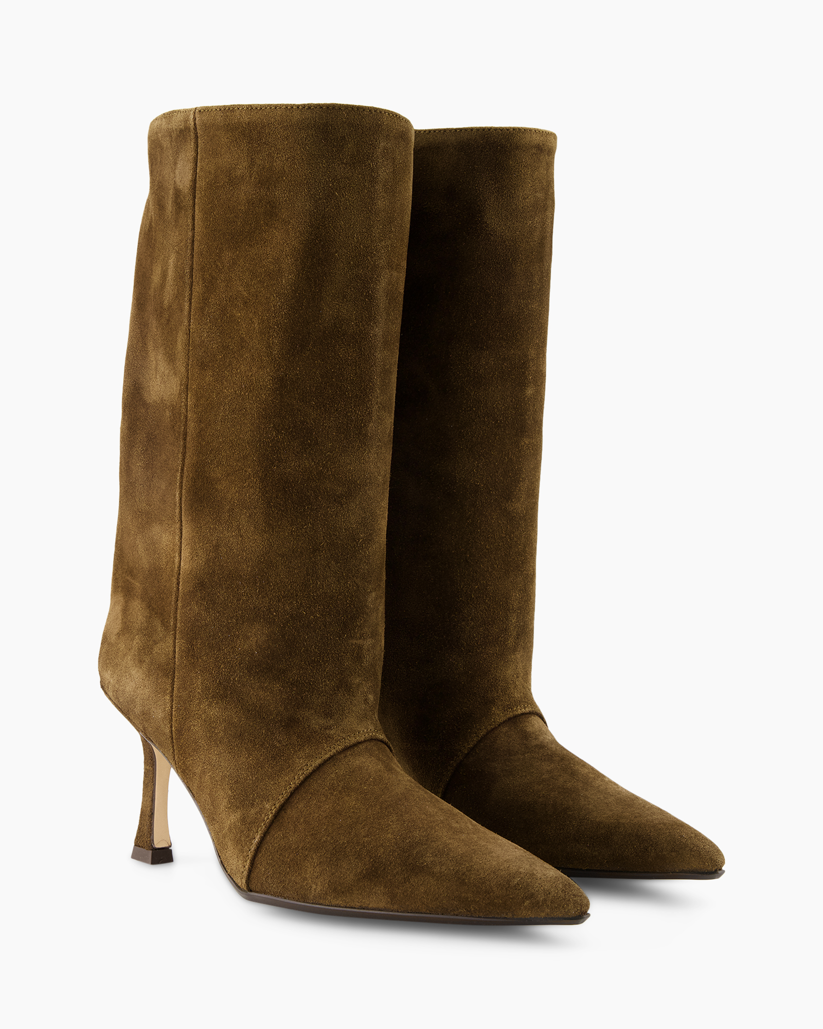 knee-high boot, suede, brown, mid-heel, pointed toe
