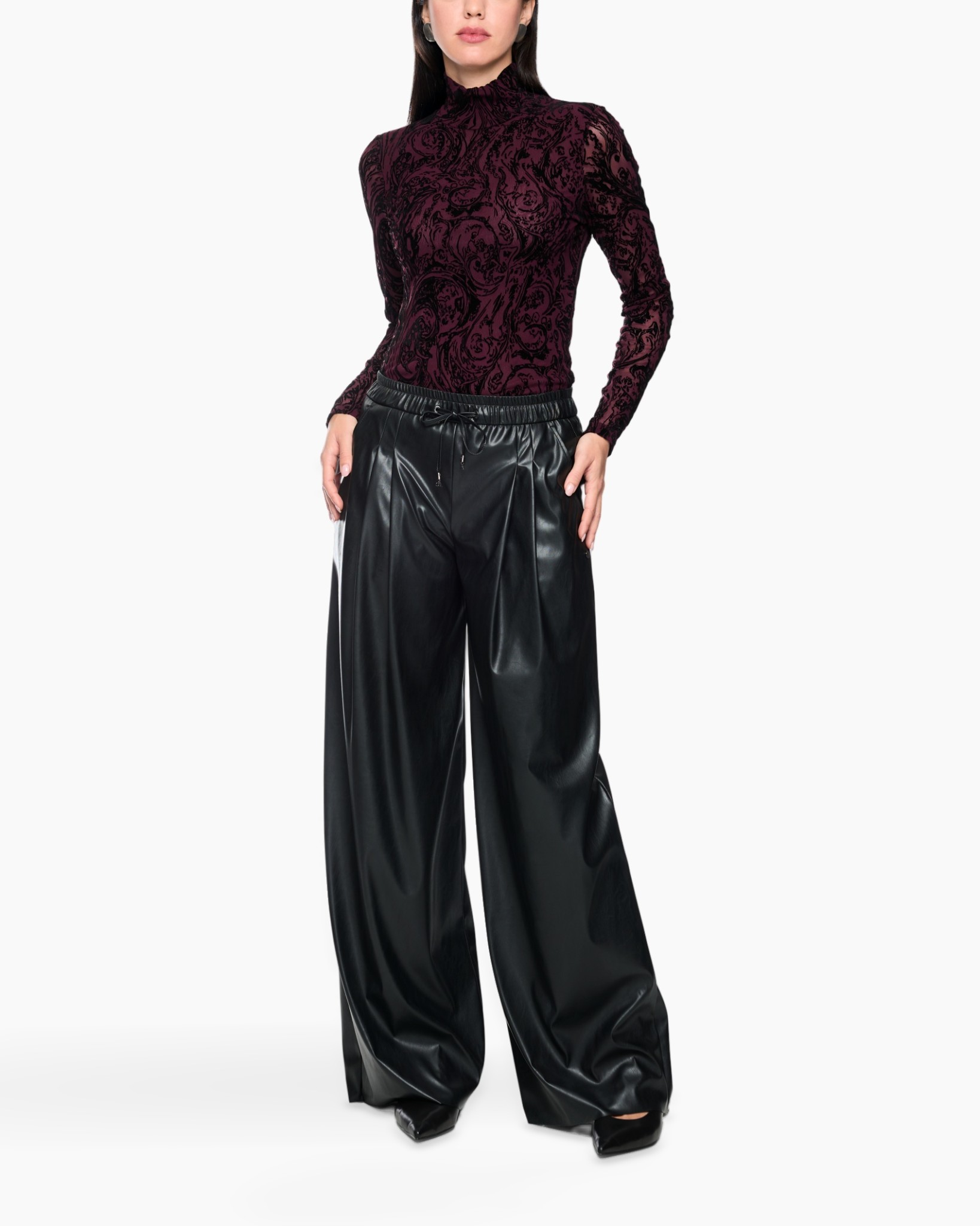turtleneck, lace top, burgundy, velvet, wide-leg pants