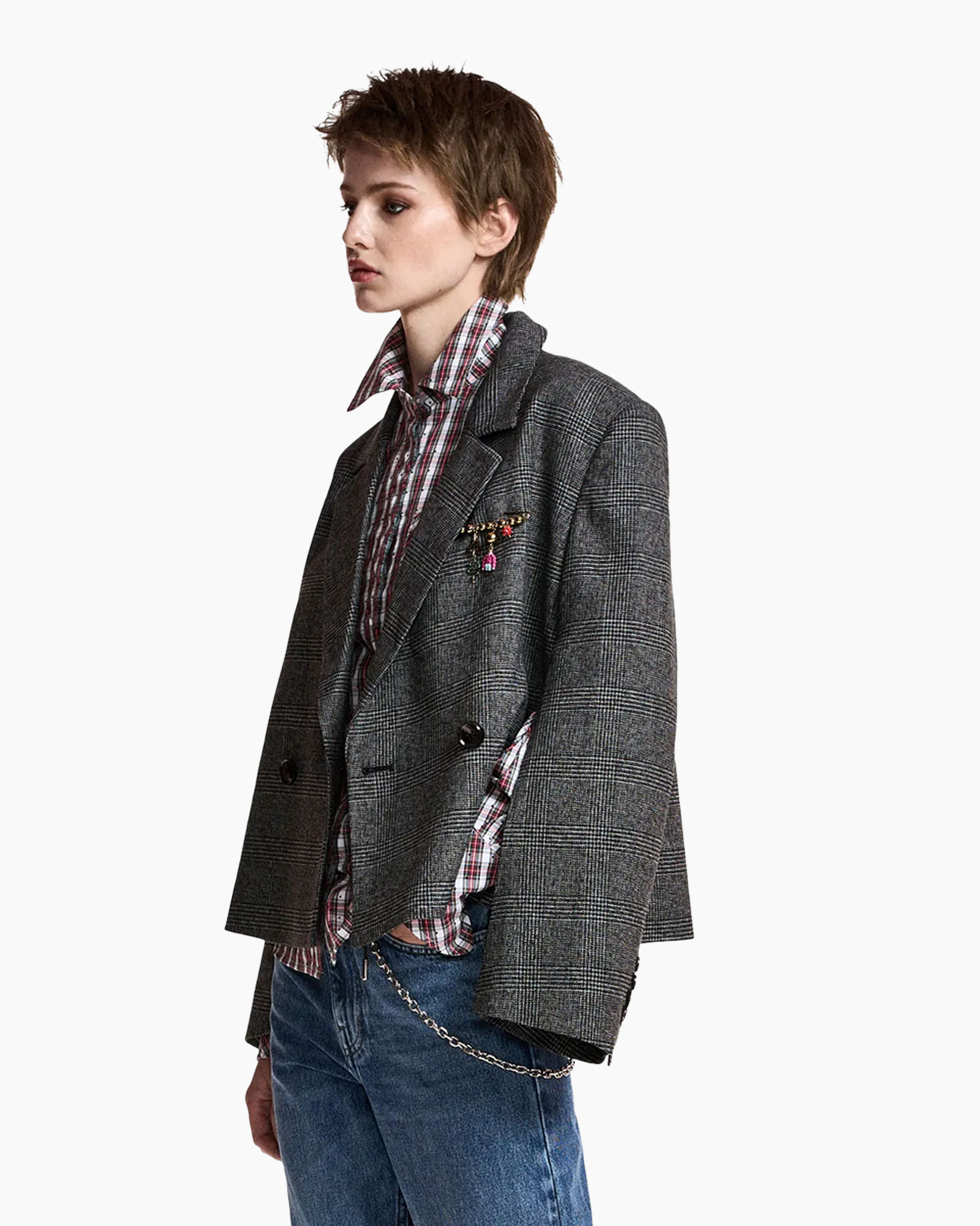 blazer, plaid, double-breasted, gray, brooch