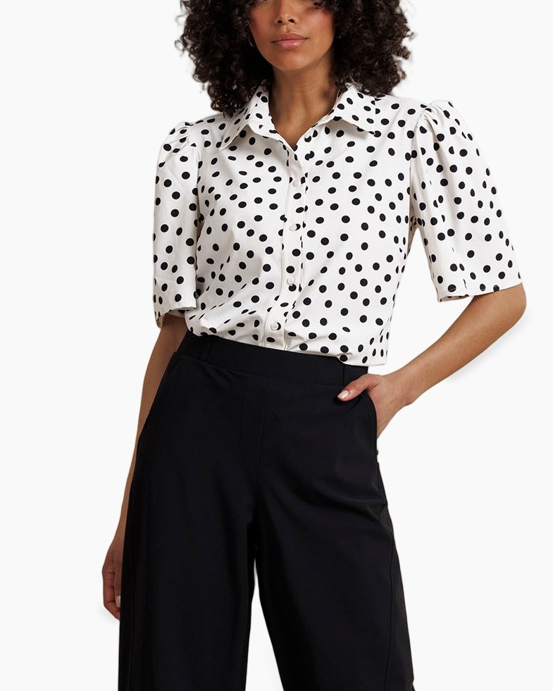 polka dot, blouse, short sleeves, collared, white black