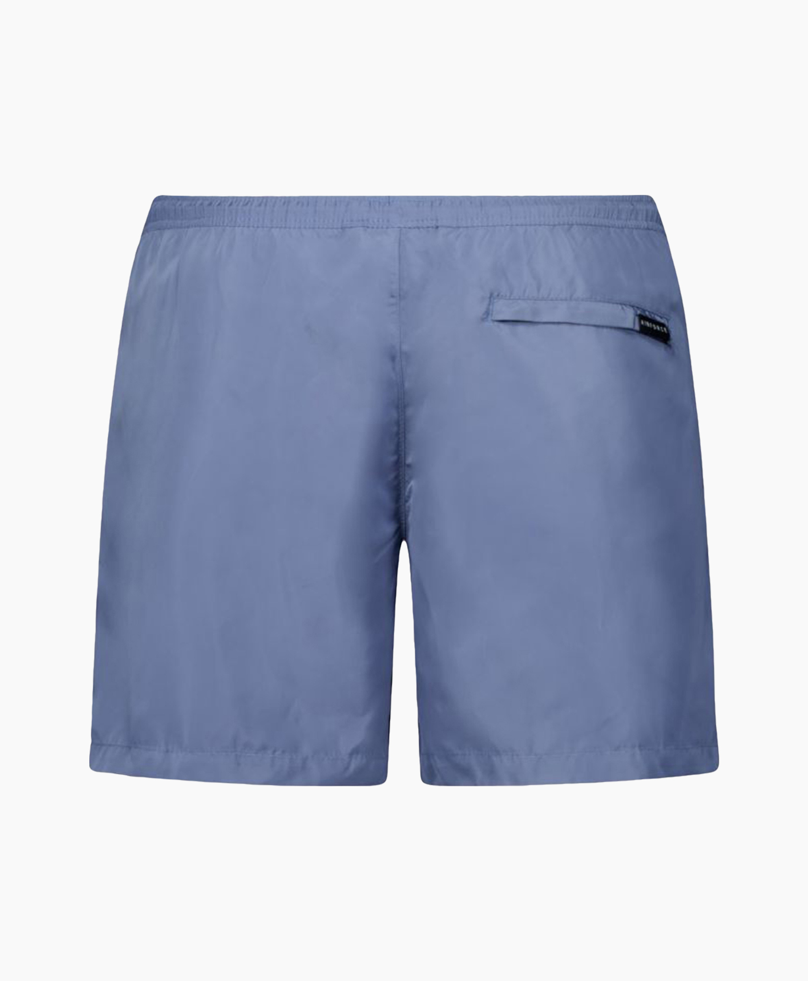 swim shorts, blue shorts, back pocket, elastic waistband, solid color
