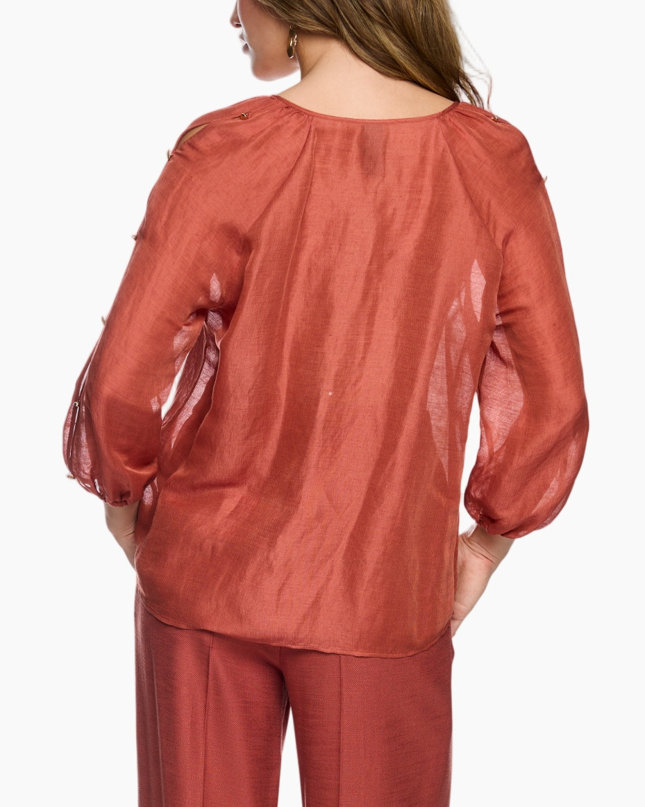 blouse, sheer, rust, puff sleeves, back view