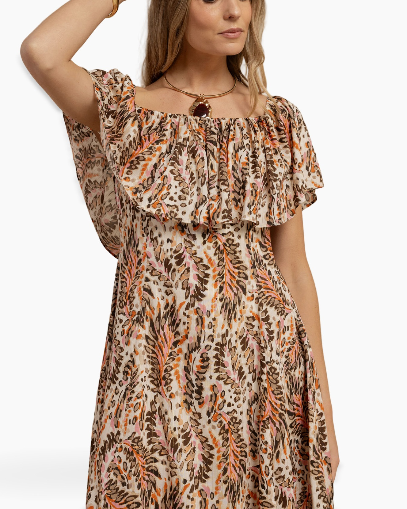 off-the-shoulder, maxi-dress, floral-pattern, boa-ruffle, calm-brown