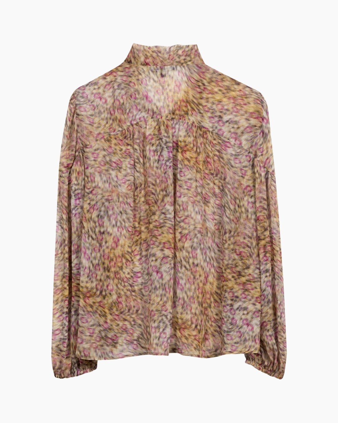 blouse, floral, sheer, long-sleeve, high-neck