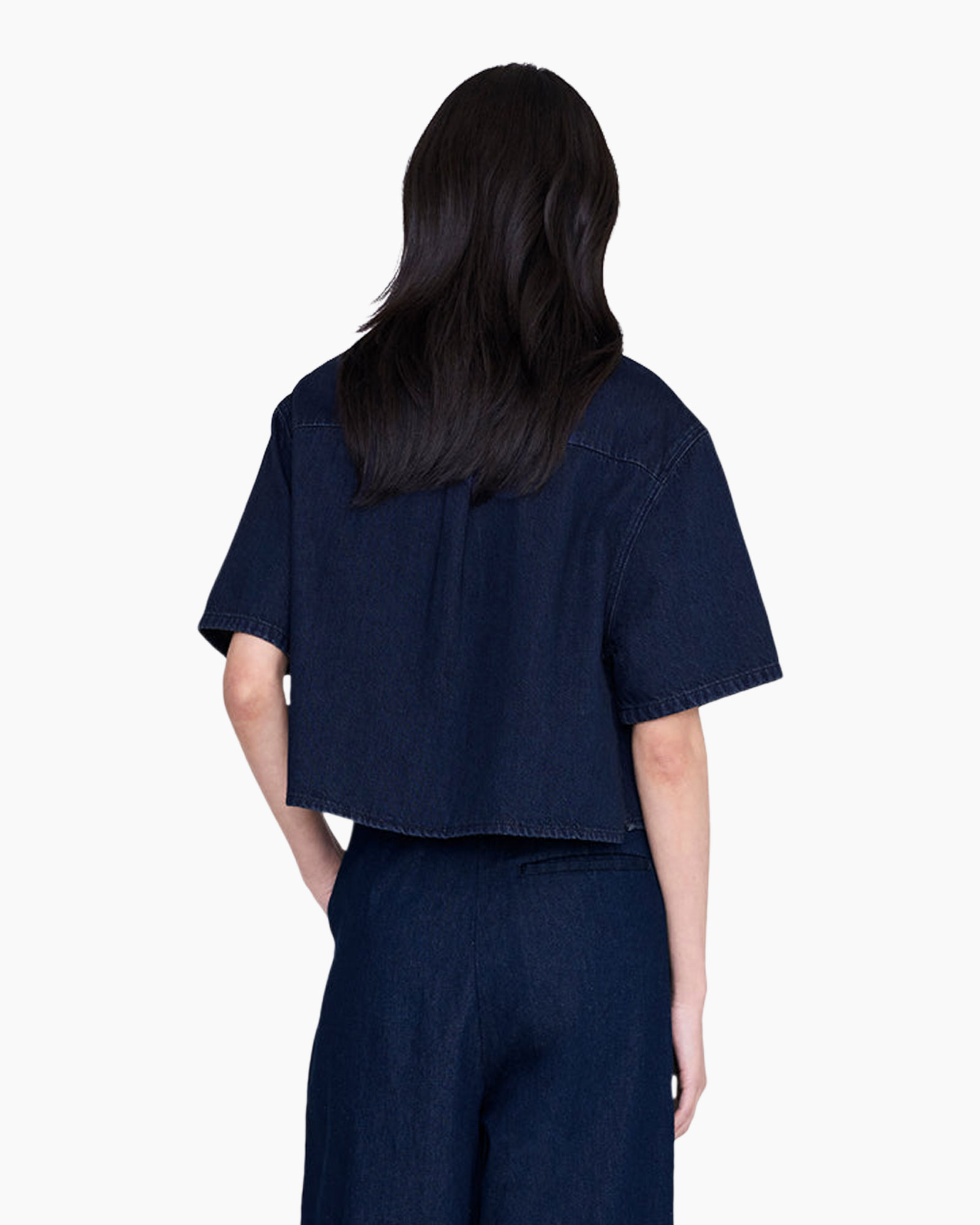 denim, short-sleeve, crop top, back view, layered top