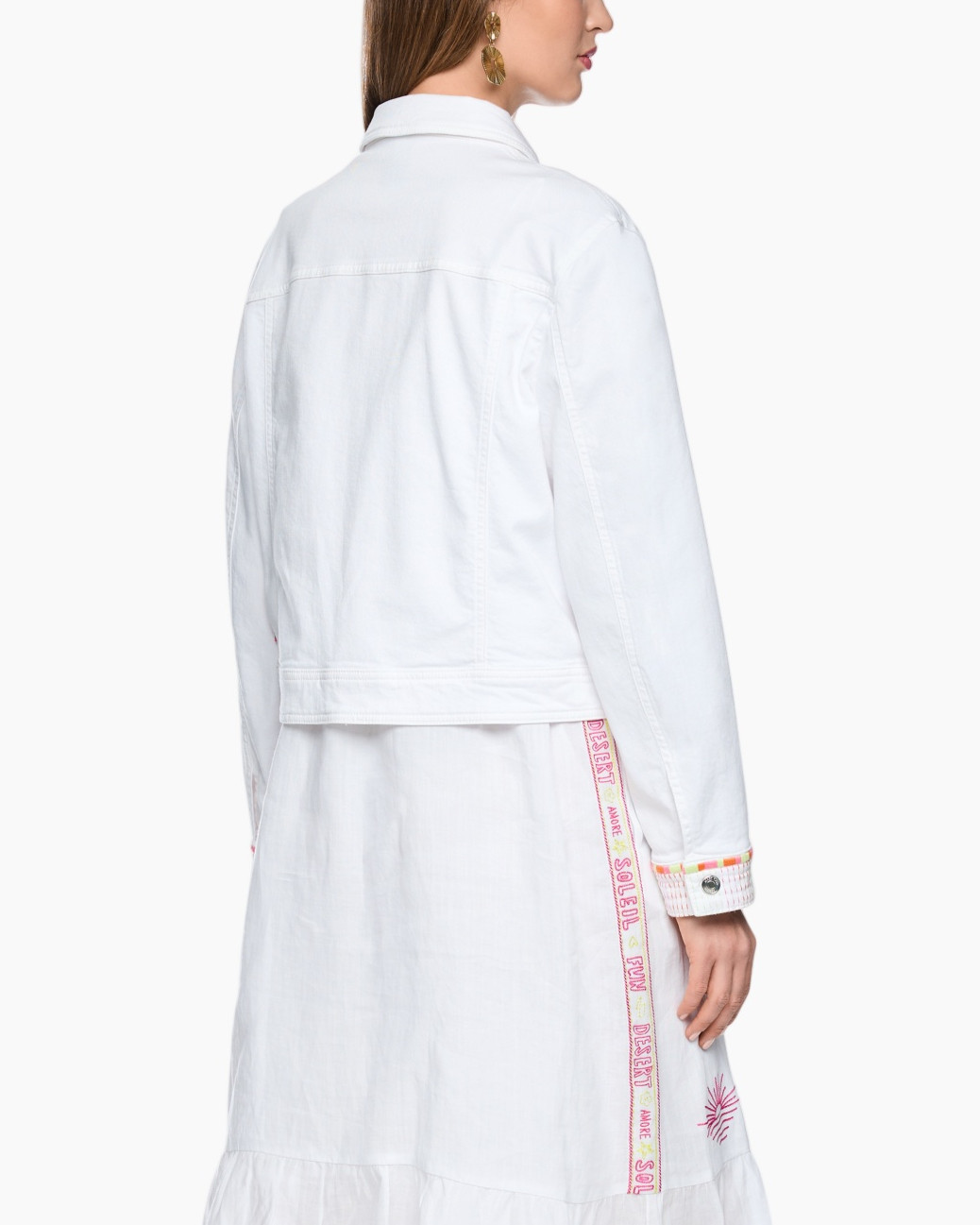 white denim jacket, button front, pocket flaps, embellished trim, white skirt with embroidery