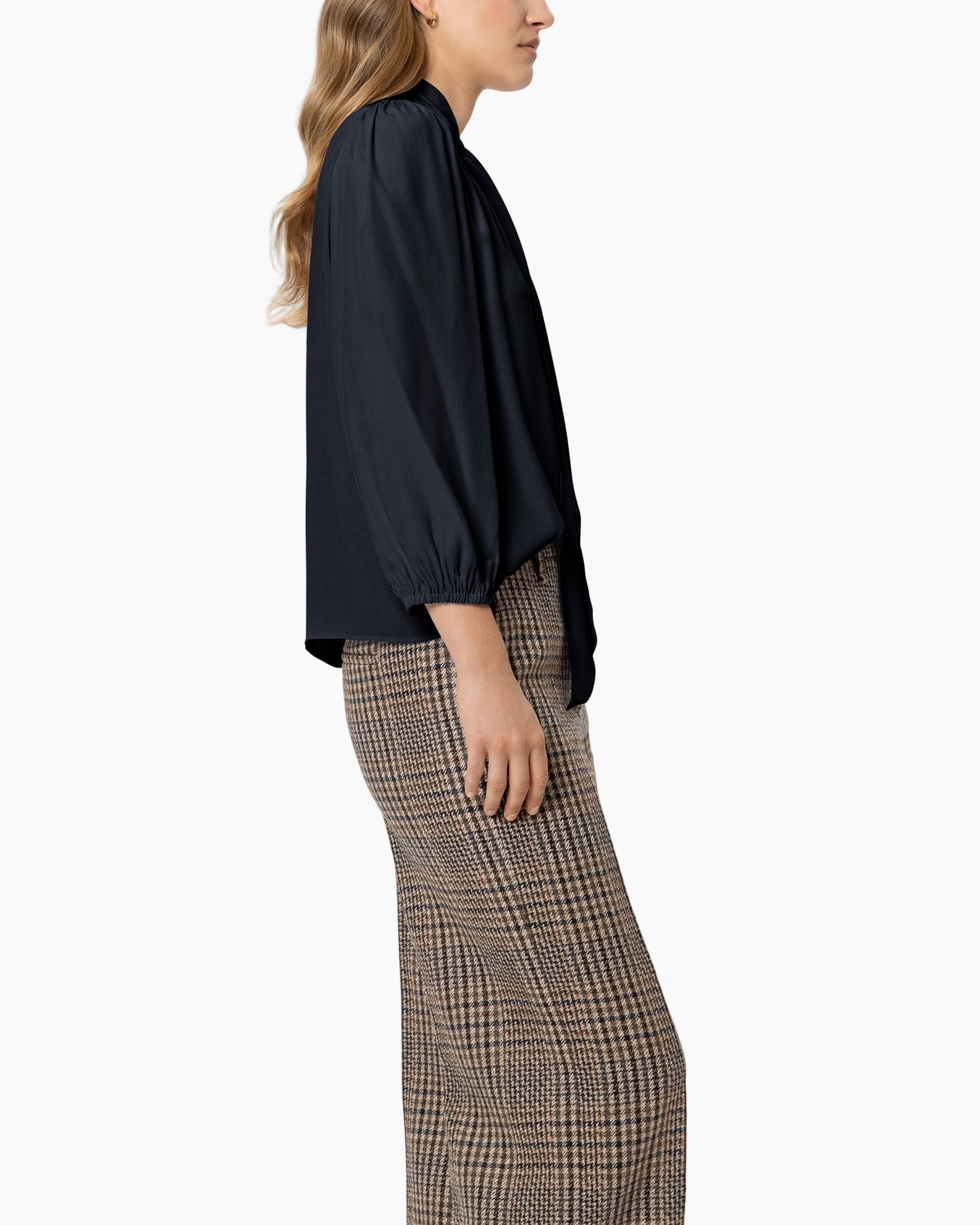 blouse, puff sleeve, navy, silky, long-sleeve