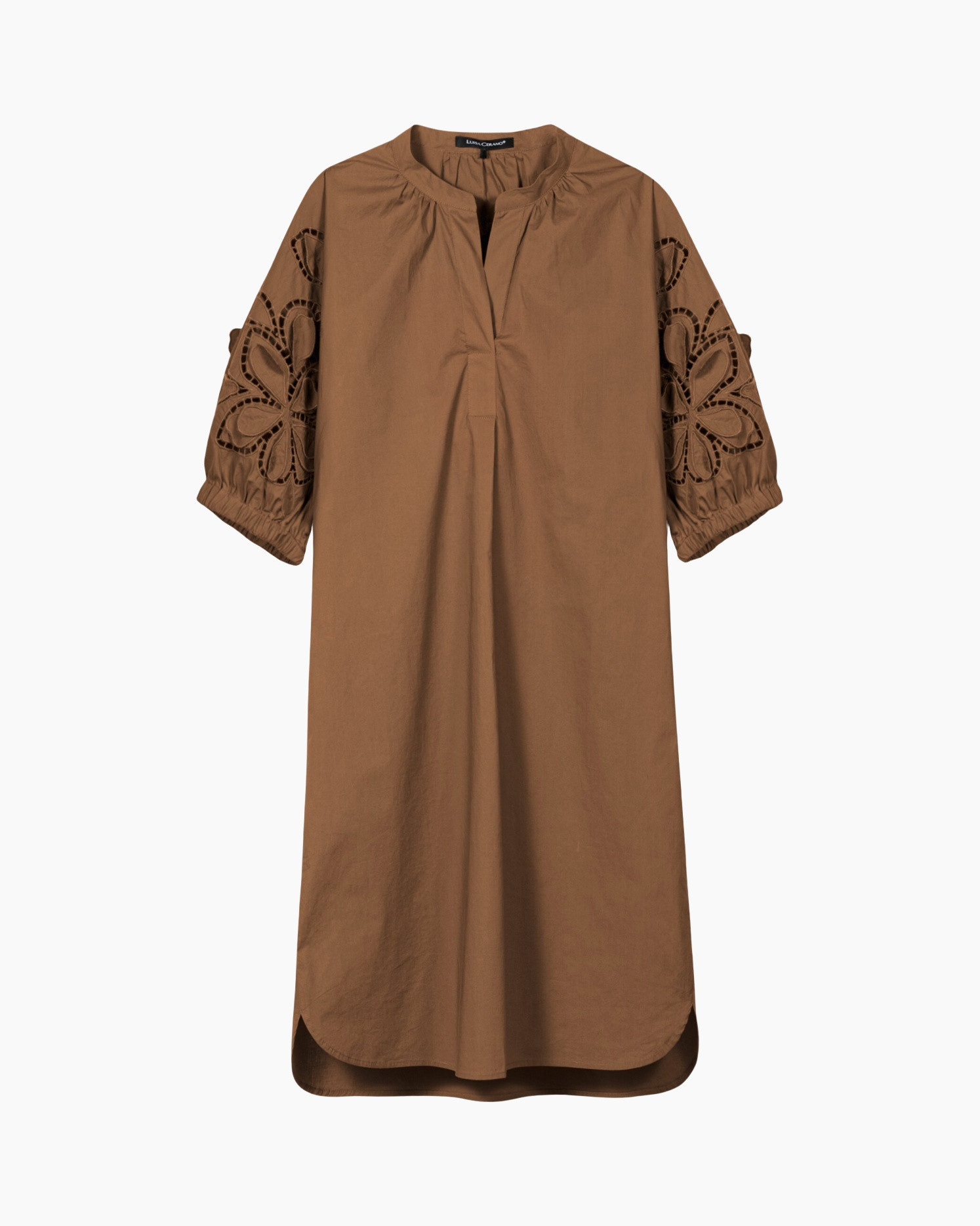 linen, brown, loose-fit, embroidery, puff-sleeve