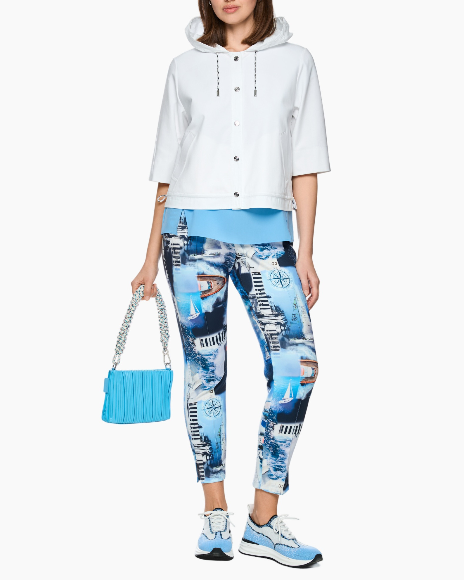 hoodie, coated jacket, white, blue print pants, handbag
