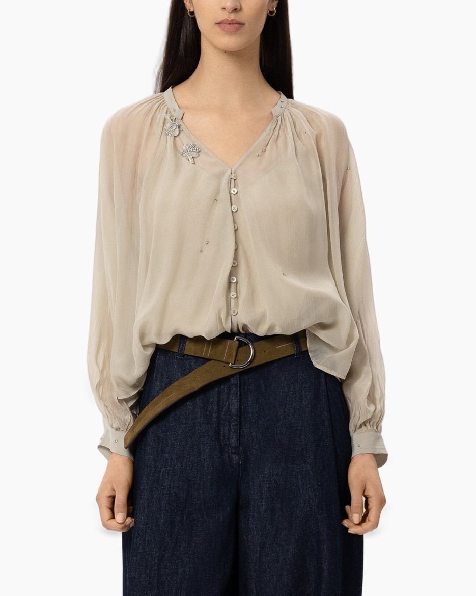 blouse, beige, sheer, embellished, buttons