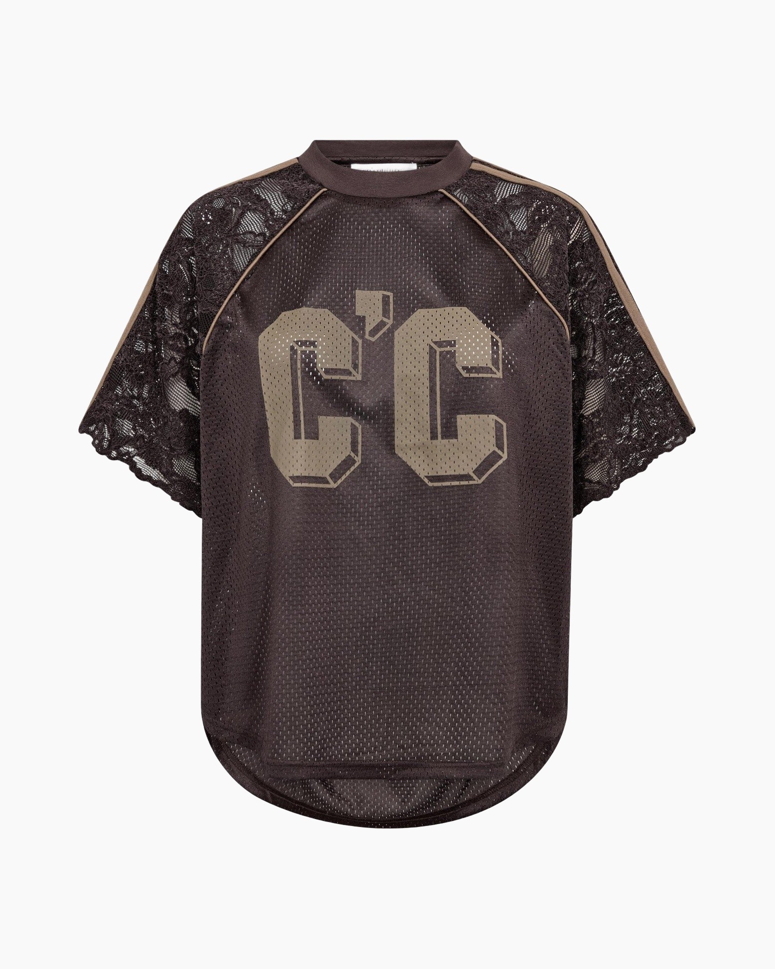 mesh top, lace sleeves,  oversized, abbr letters, brown/black top