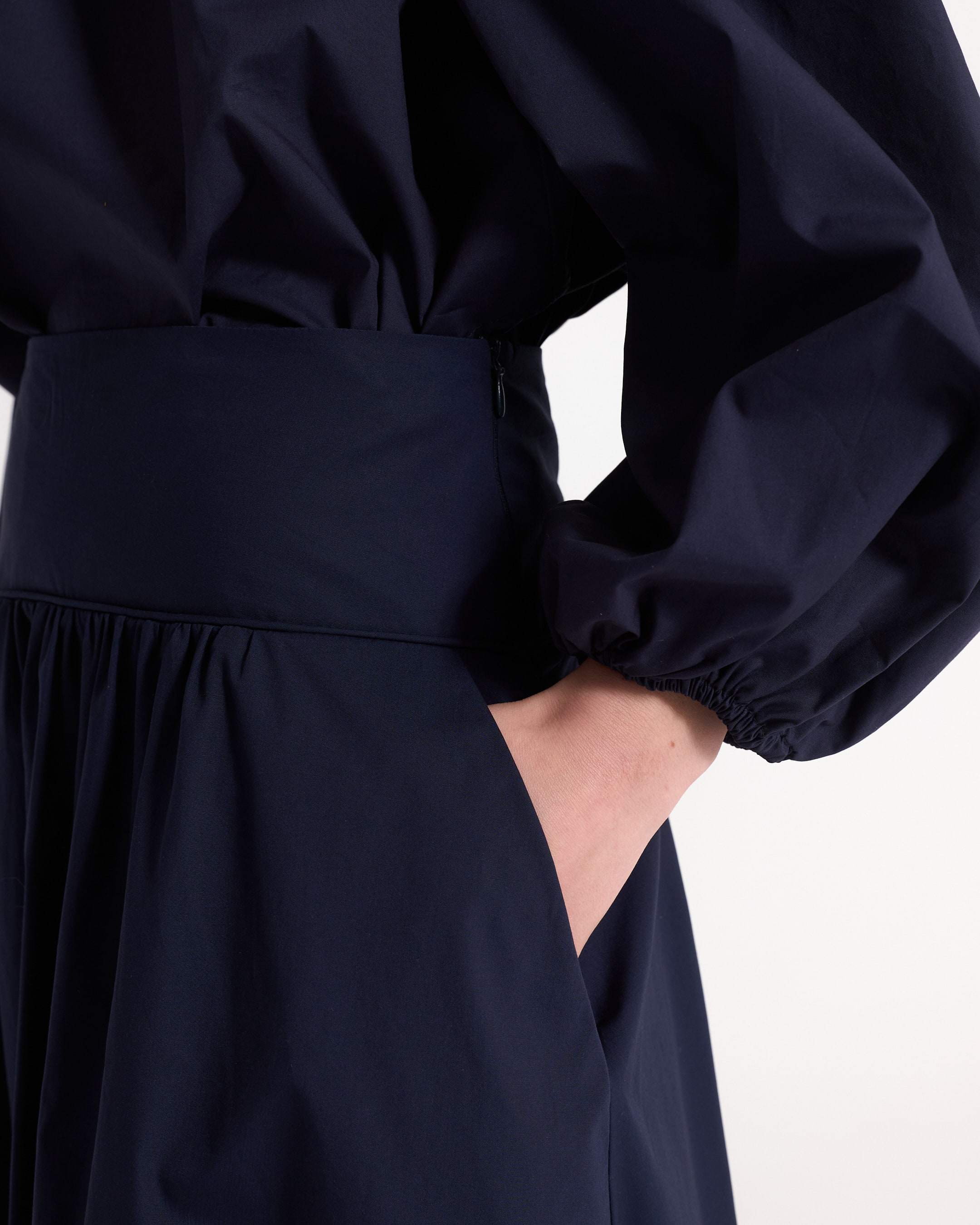 navy dress, pocket, high waist, elastic cuff, long sleeve