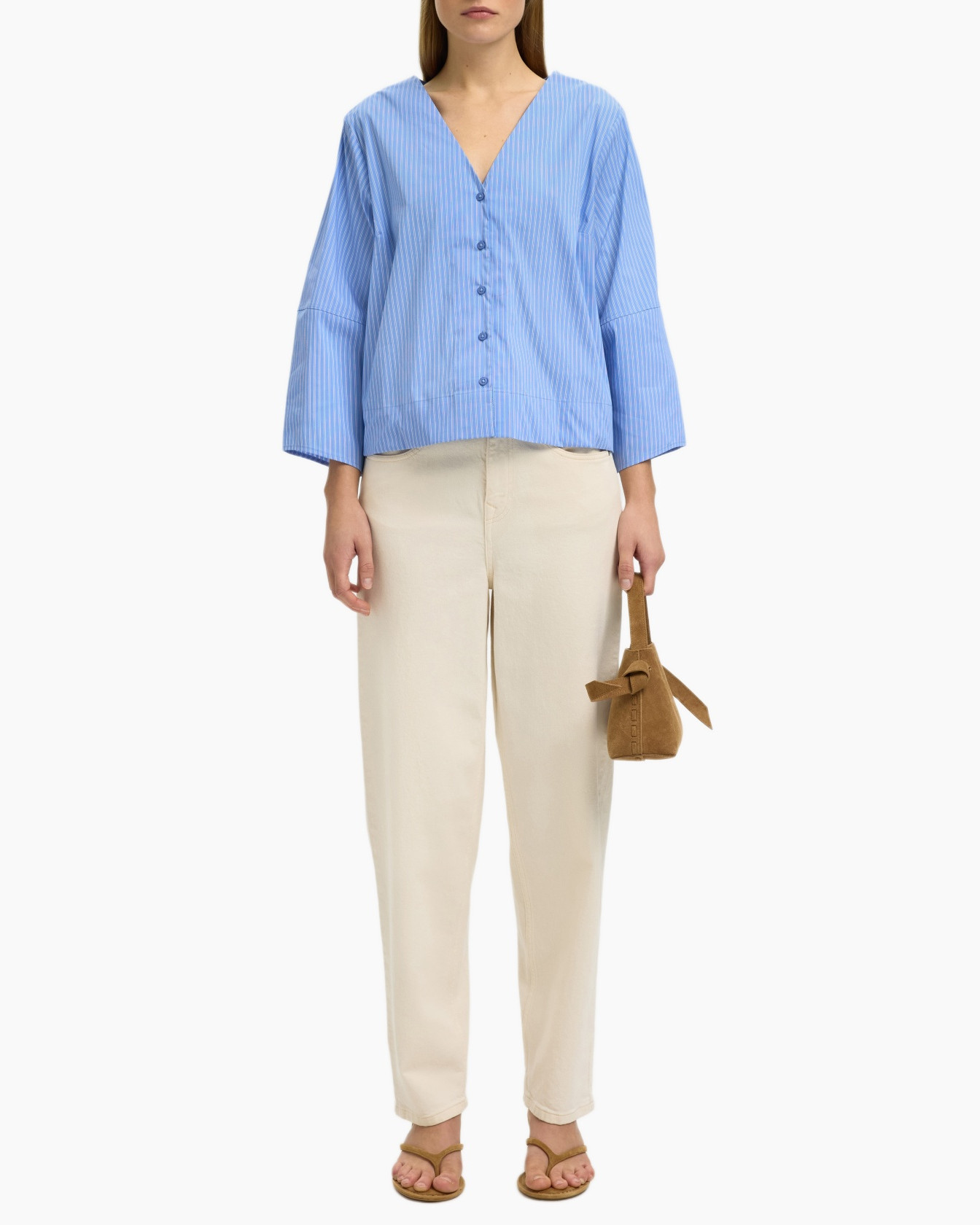 blue striped top, button-down blouse, long-sleeve, v-neck, beige pants
