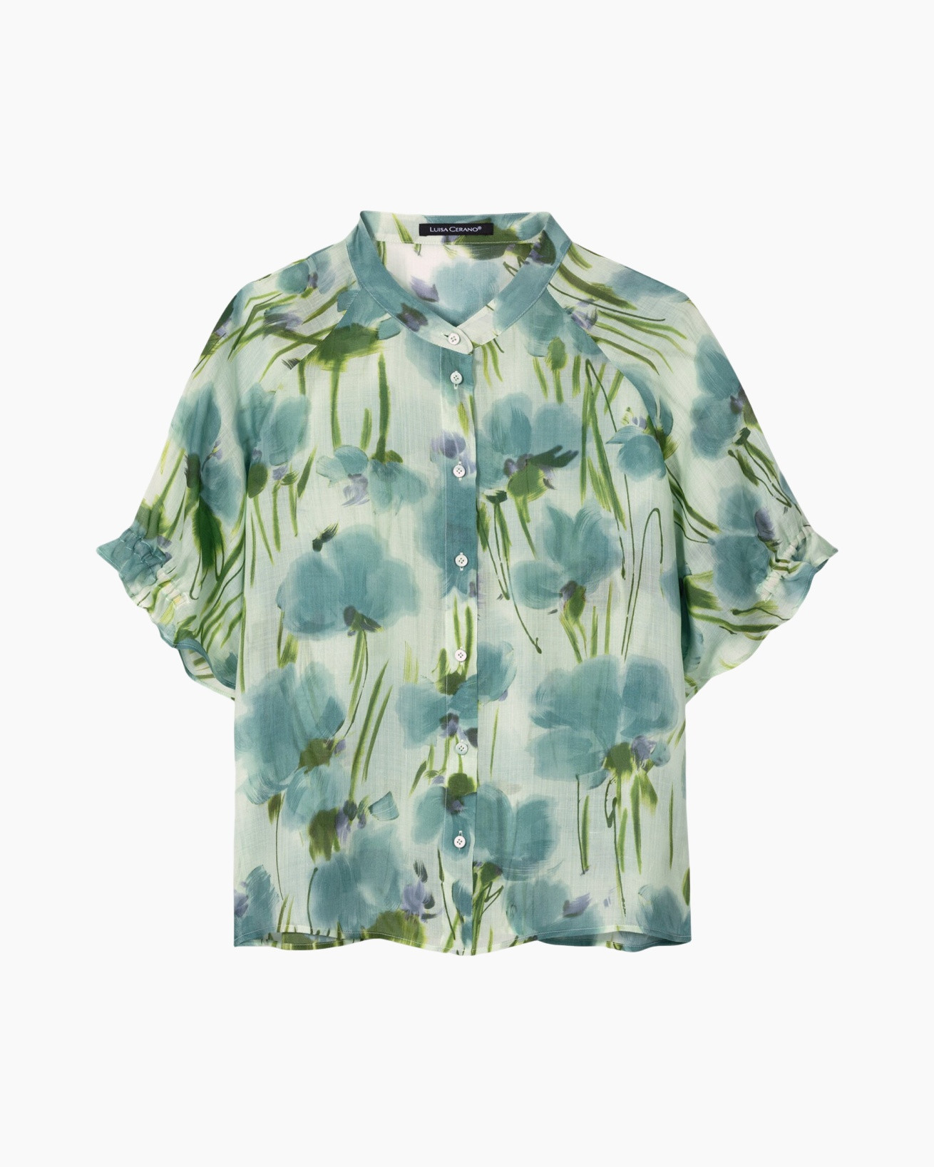blouse,  floral,  short-sleeve,  button-down,  translucent