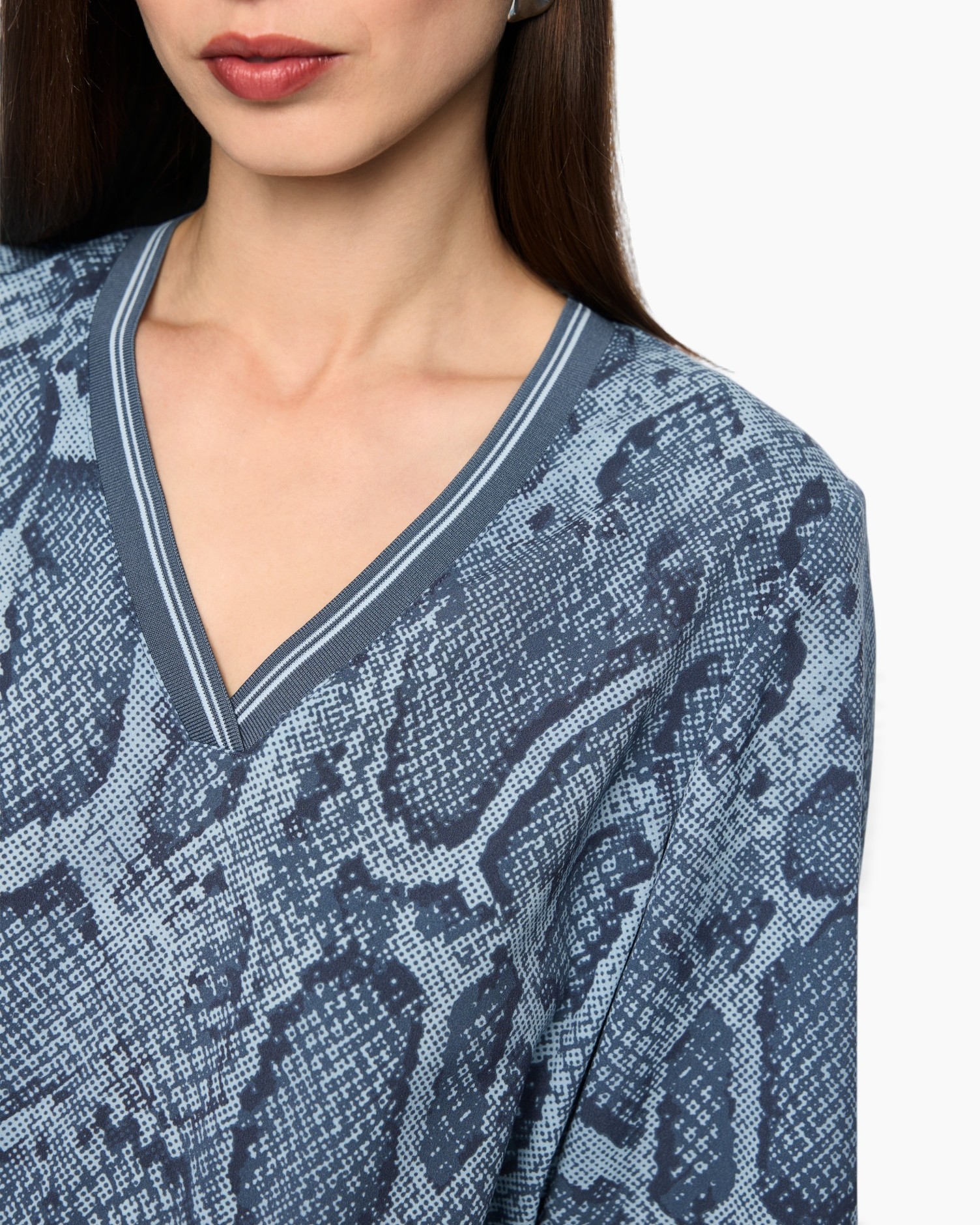 V-neck, Snakeskin pattern, Knit top, Blue, Long sleeve