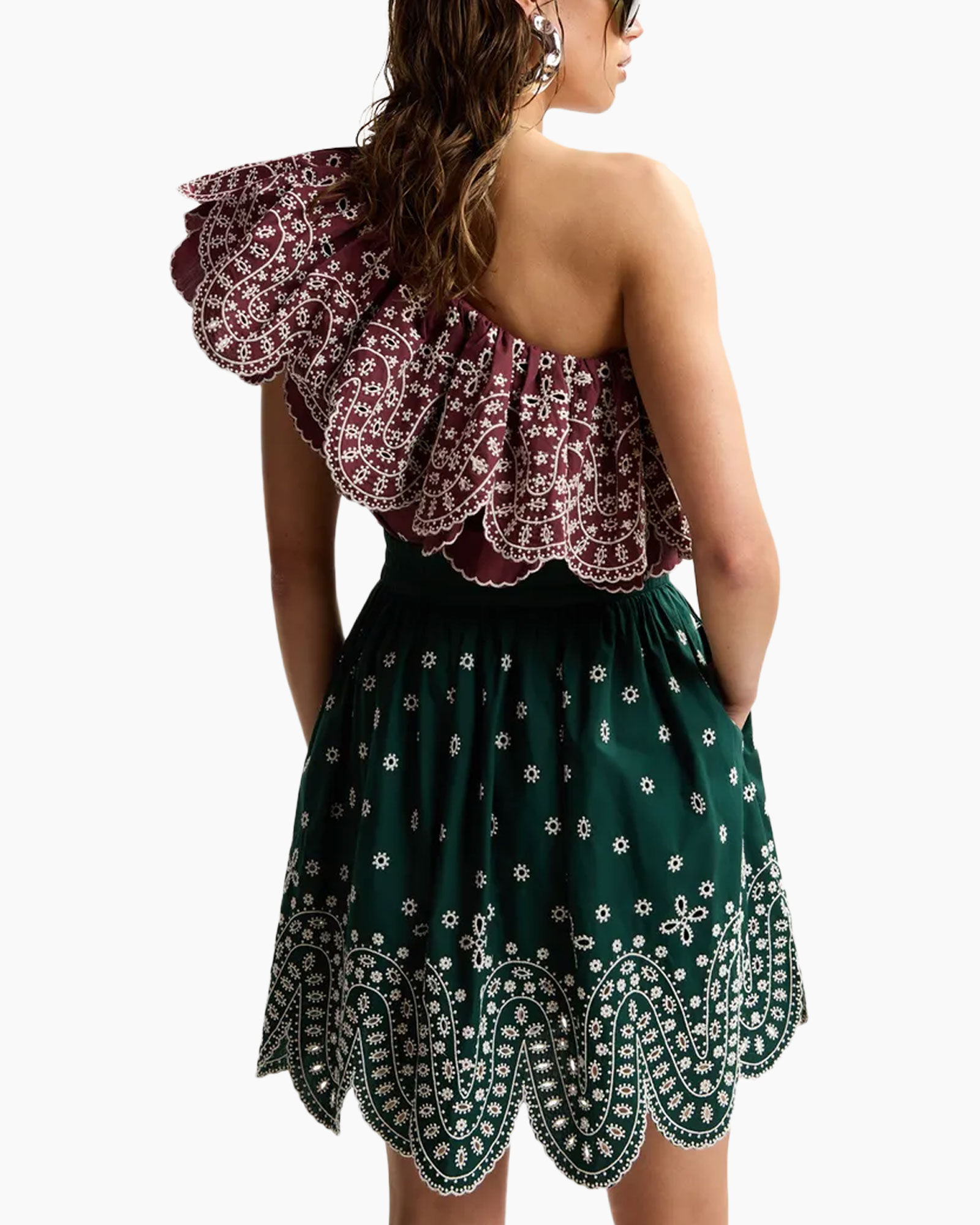 off-shoulder, ruffle, lace, two-tone, skirt