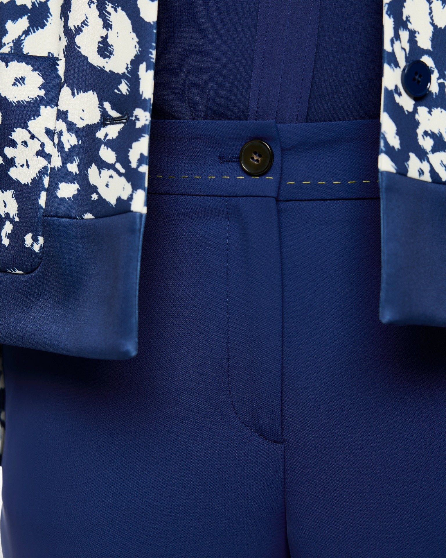 blue pants, high-waist, button, stitching, fabric