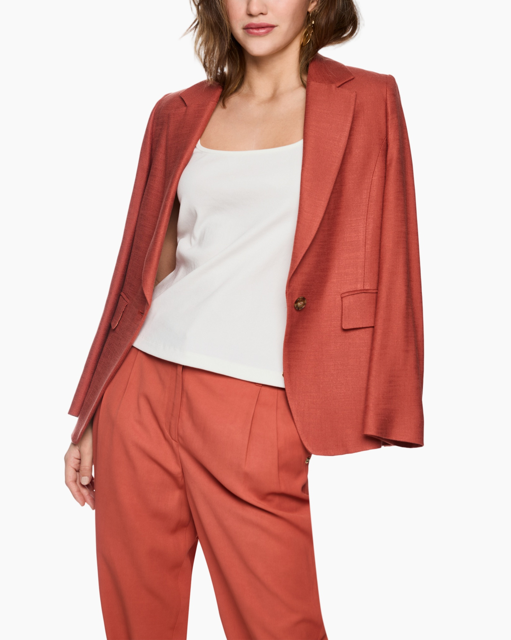 blazer, women, pinkish-rose, linen-like, one-button?, not good