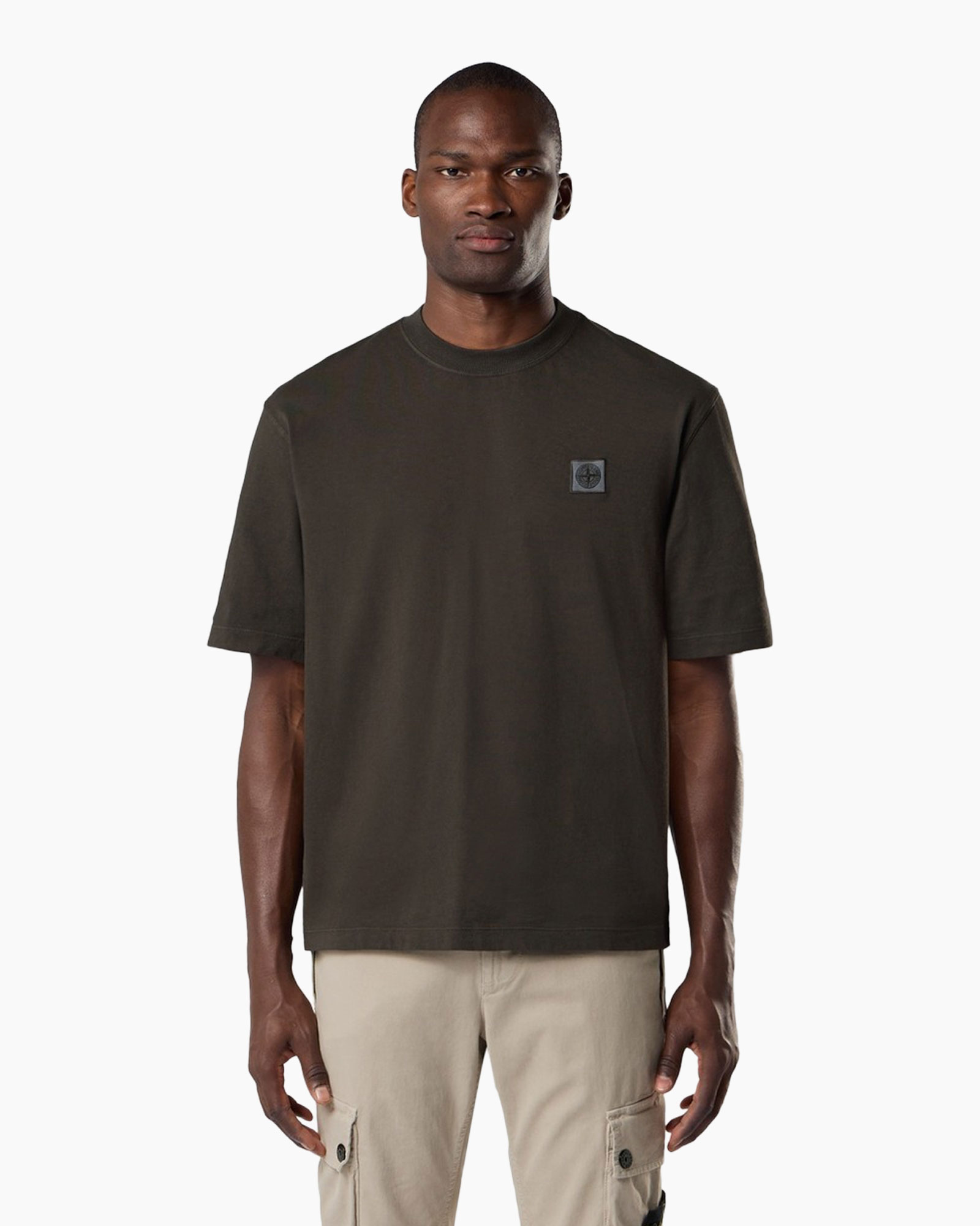 t-shirt, short sleeve, solid, dark olive, logo patch