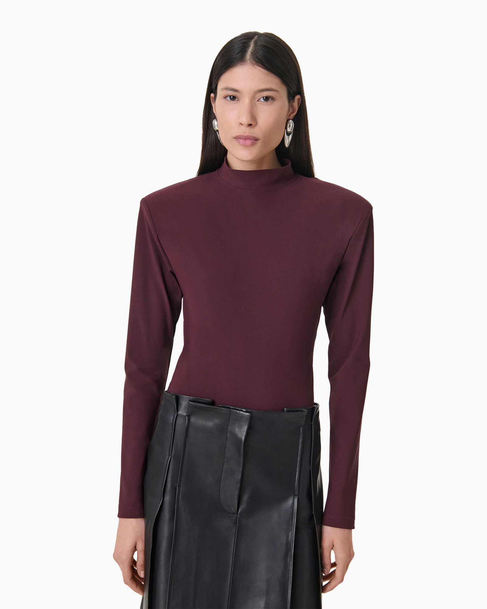 turtleneck, long sleeve, maroon, knit top, top