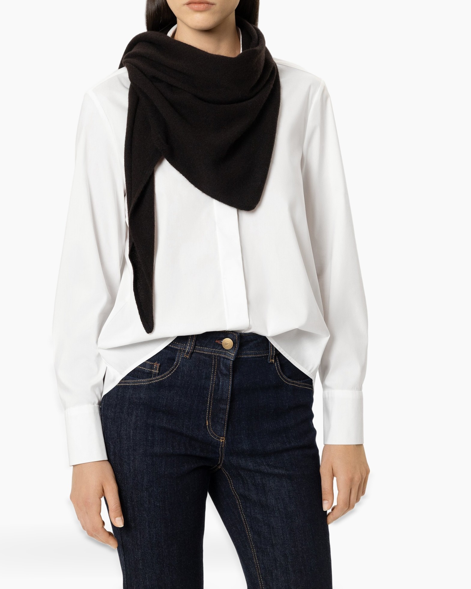 white blouse, long sleeves, buttoned shirt, dark jeans, scarf accessory