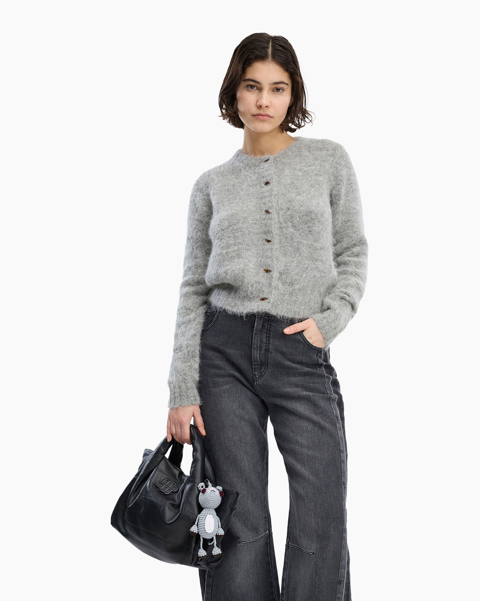 cardigan, knit, gray, buttons, bag