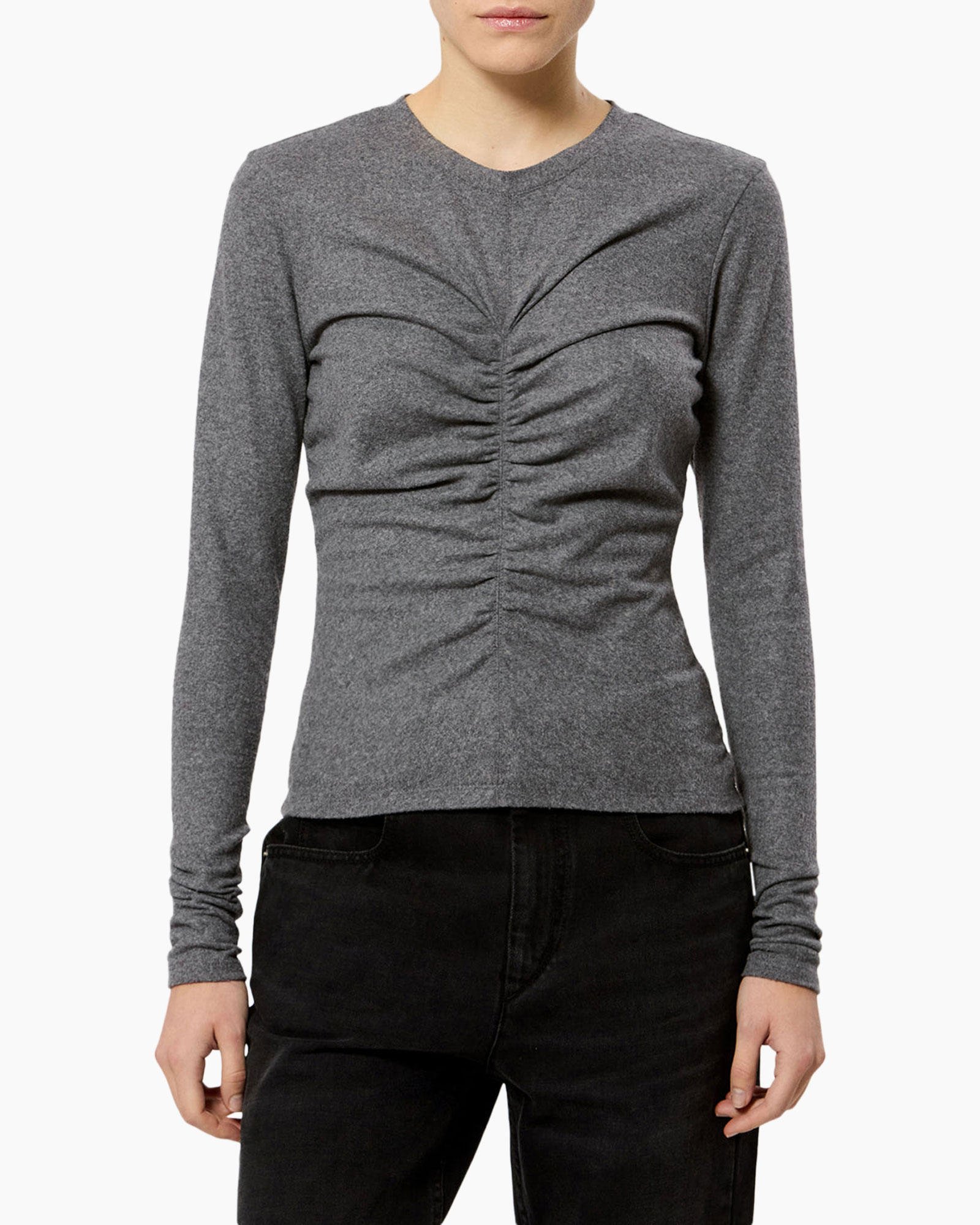 top, long-sleeve, gray, ruched, knit