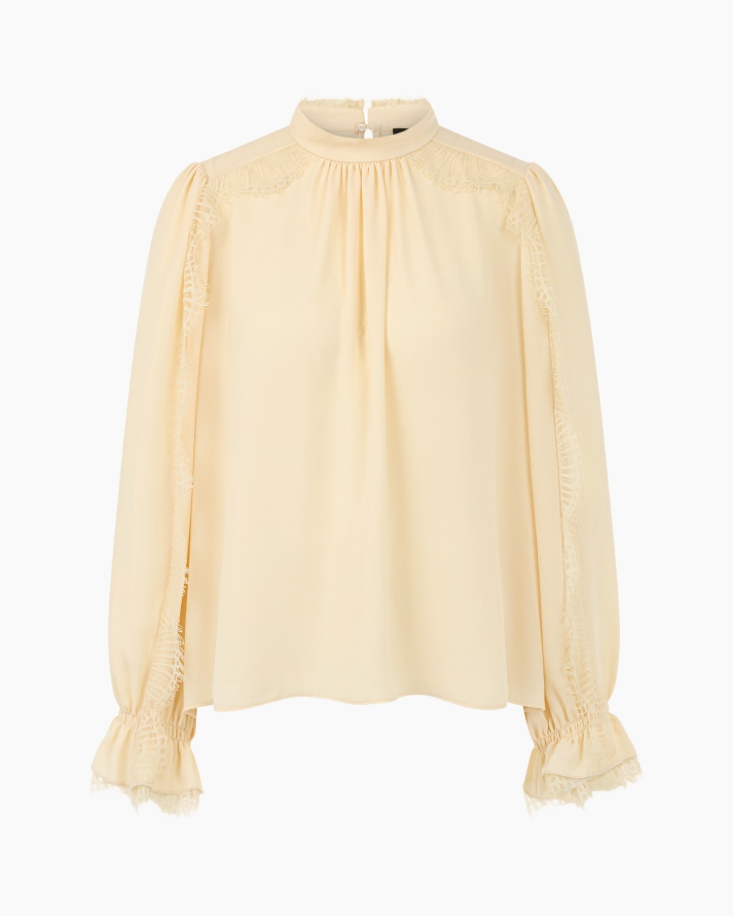 blouse, long sleeves, pearl/crepe, lace trim, high neck