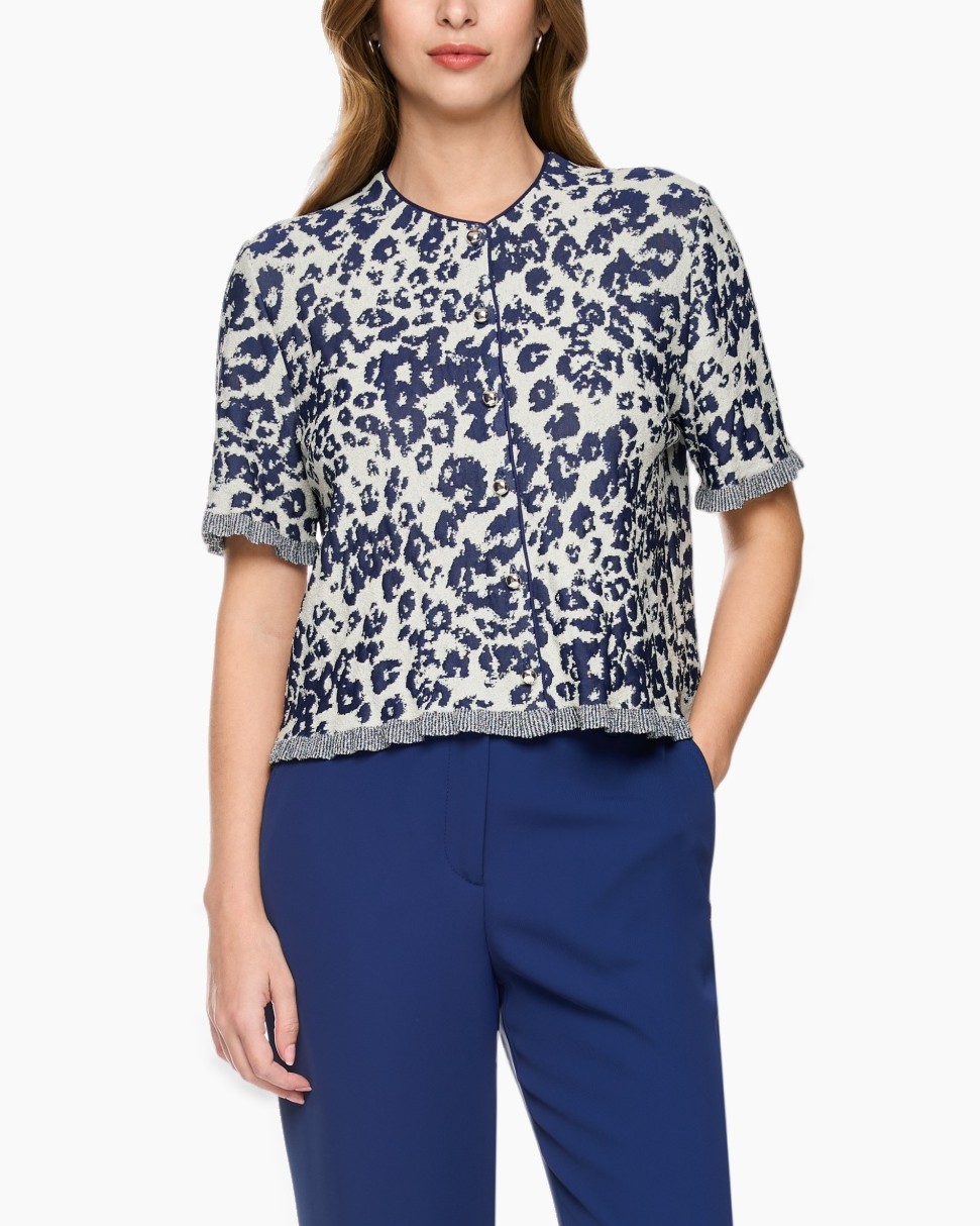 leopard print, knit top, short sleeves, cardigan, blue pants