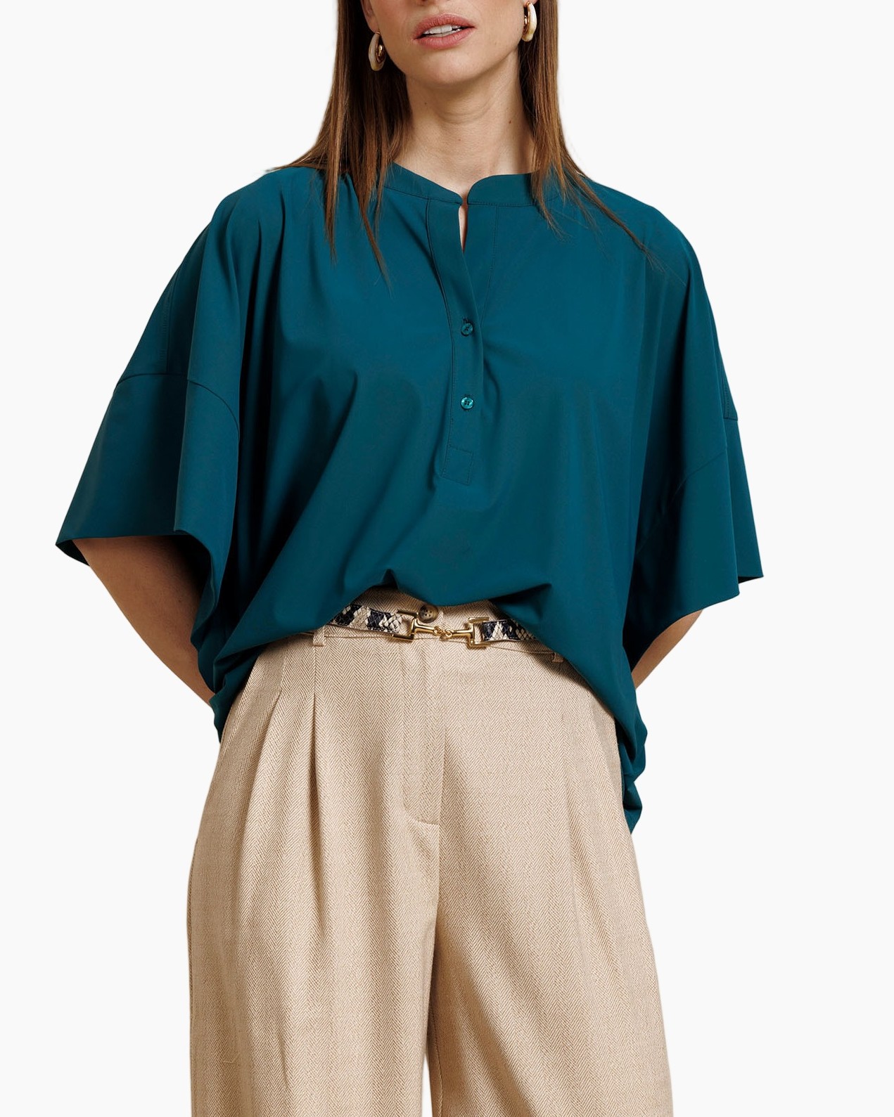 teal blouse, wide-sleeve top, henley placket, relaxed fit, beige trousers
