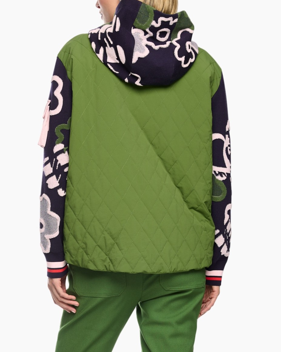 quilted jacket, hooded, green, patchwork, long-sleeve