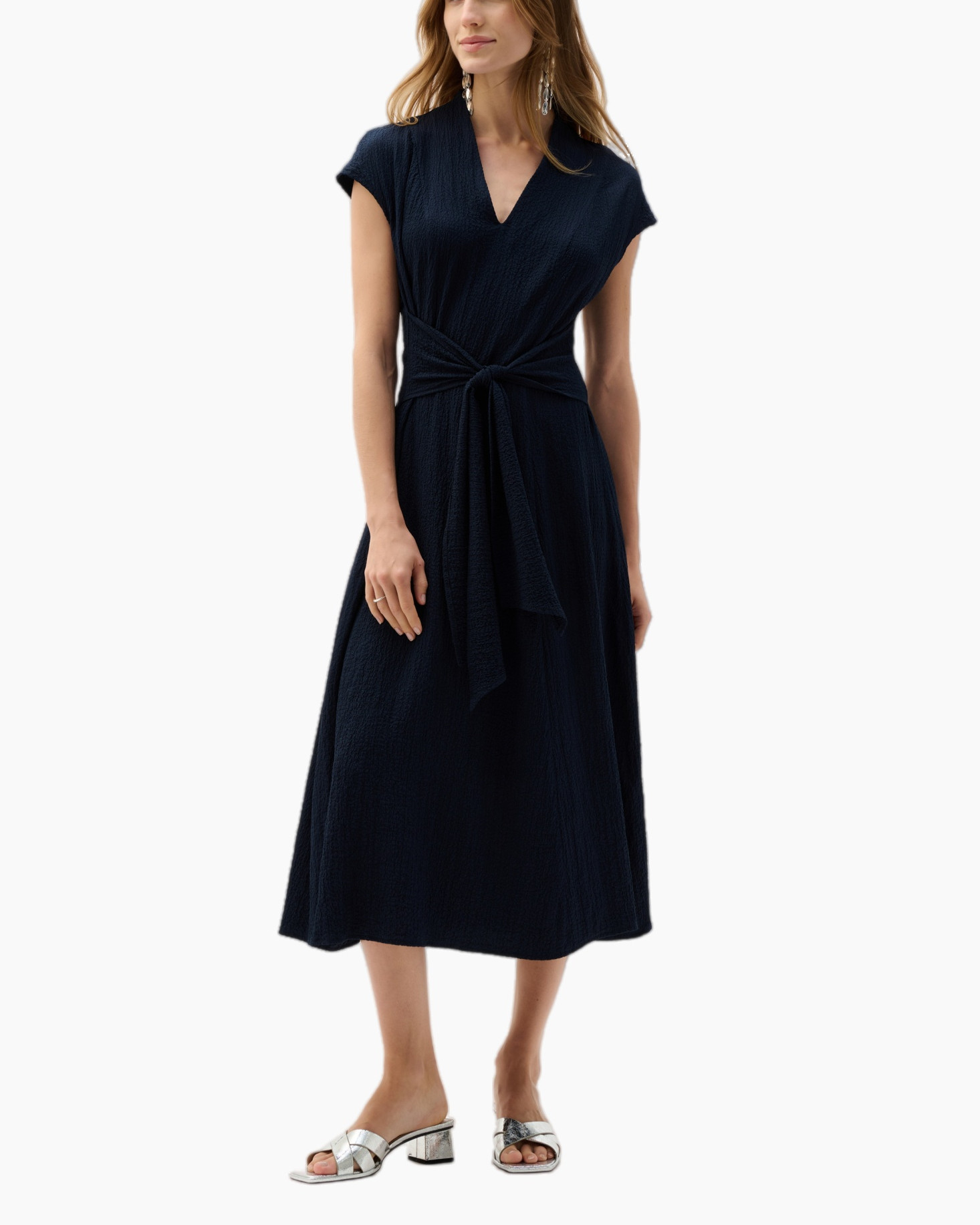 dress, mid-length, navy, wrap, pleated