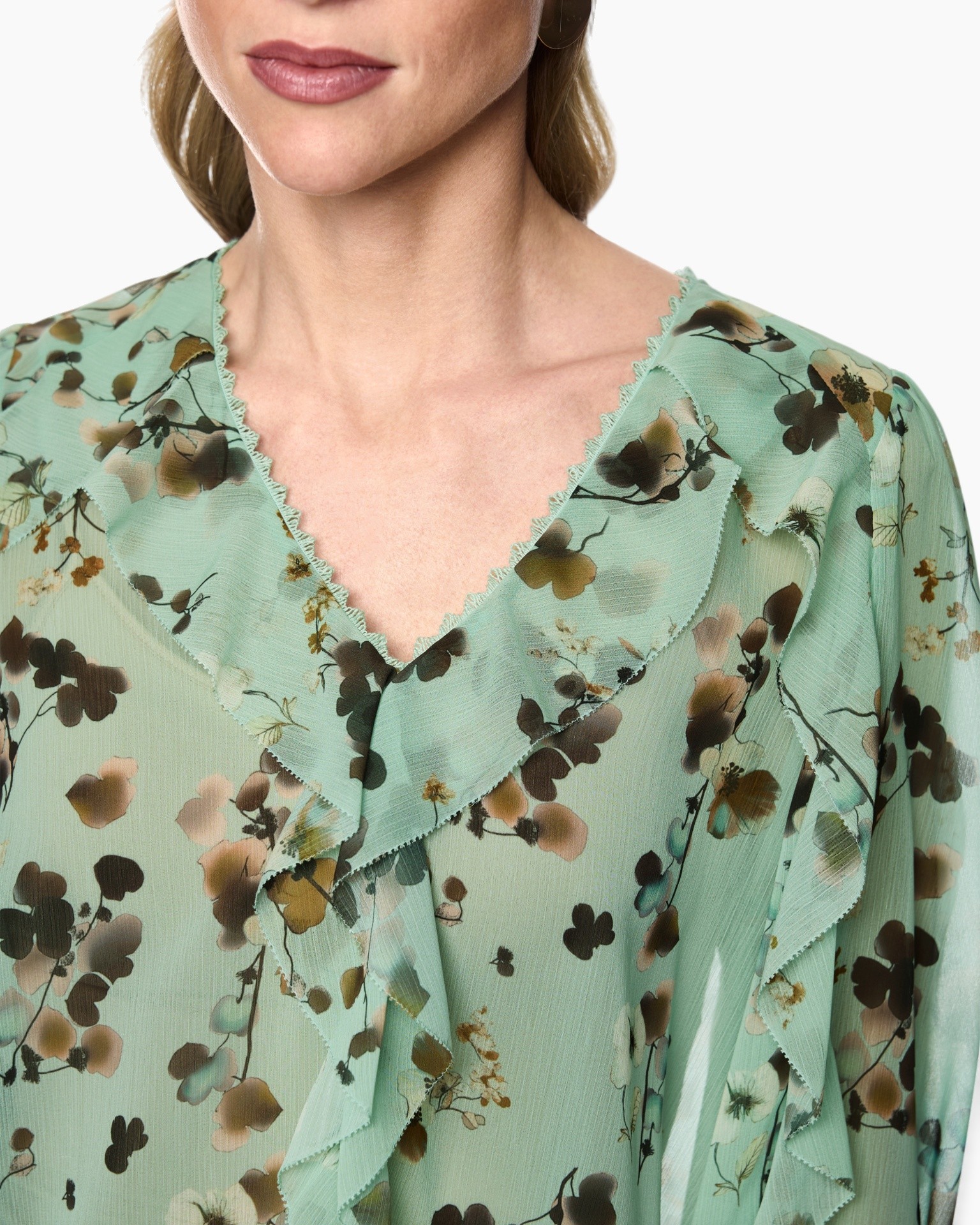 floral pattern, mint green, ruffle collar, v-neck, sheer fabric