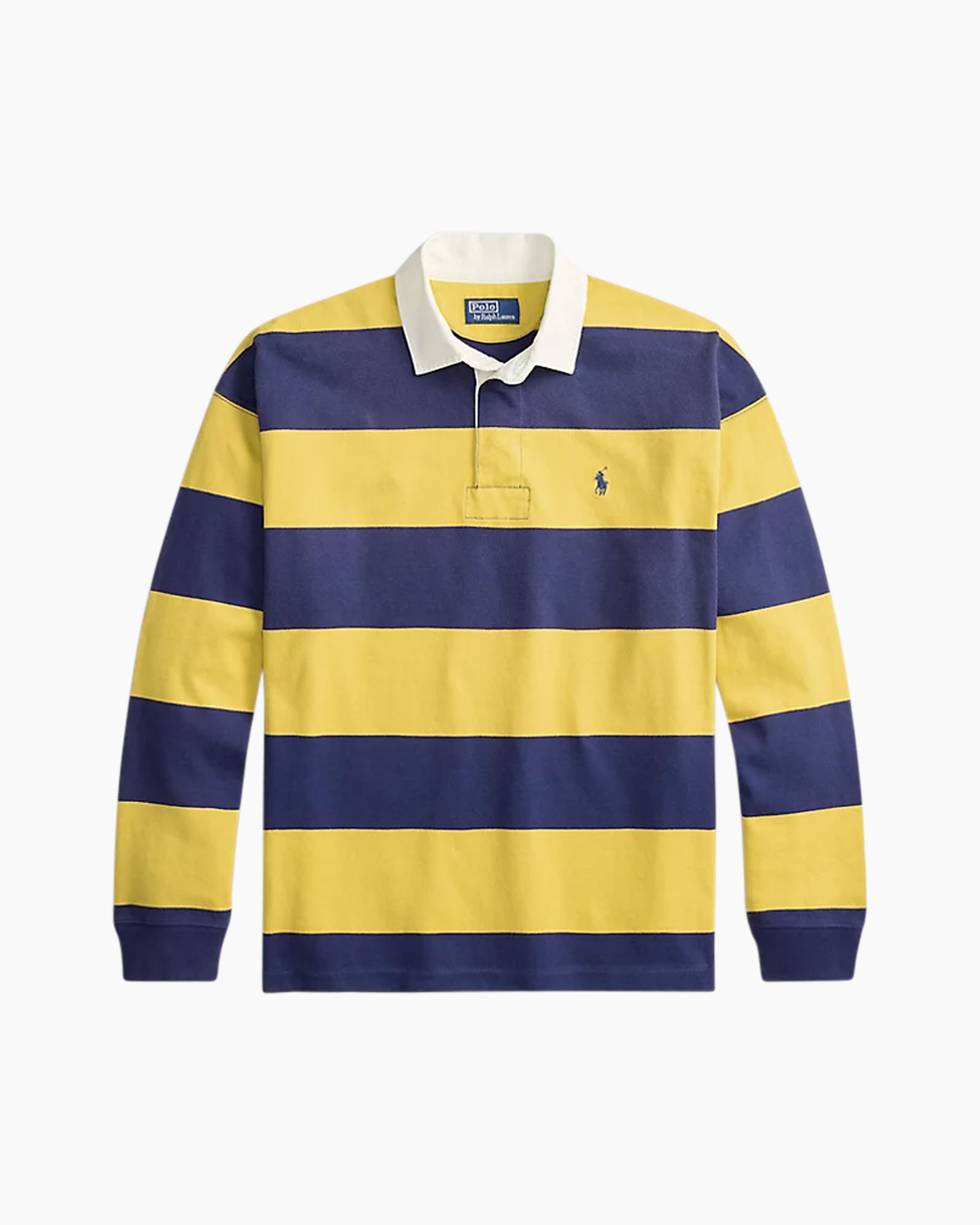 striped rugby, long sleeve, polo, yellow blue, logo patch