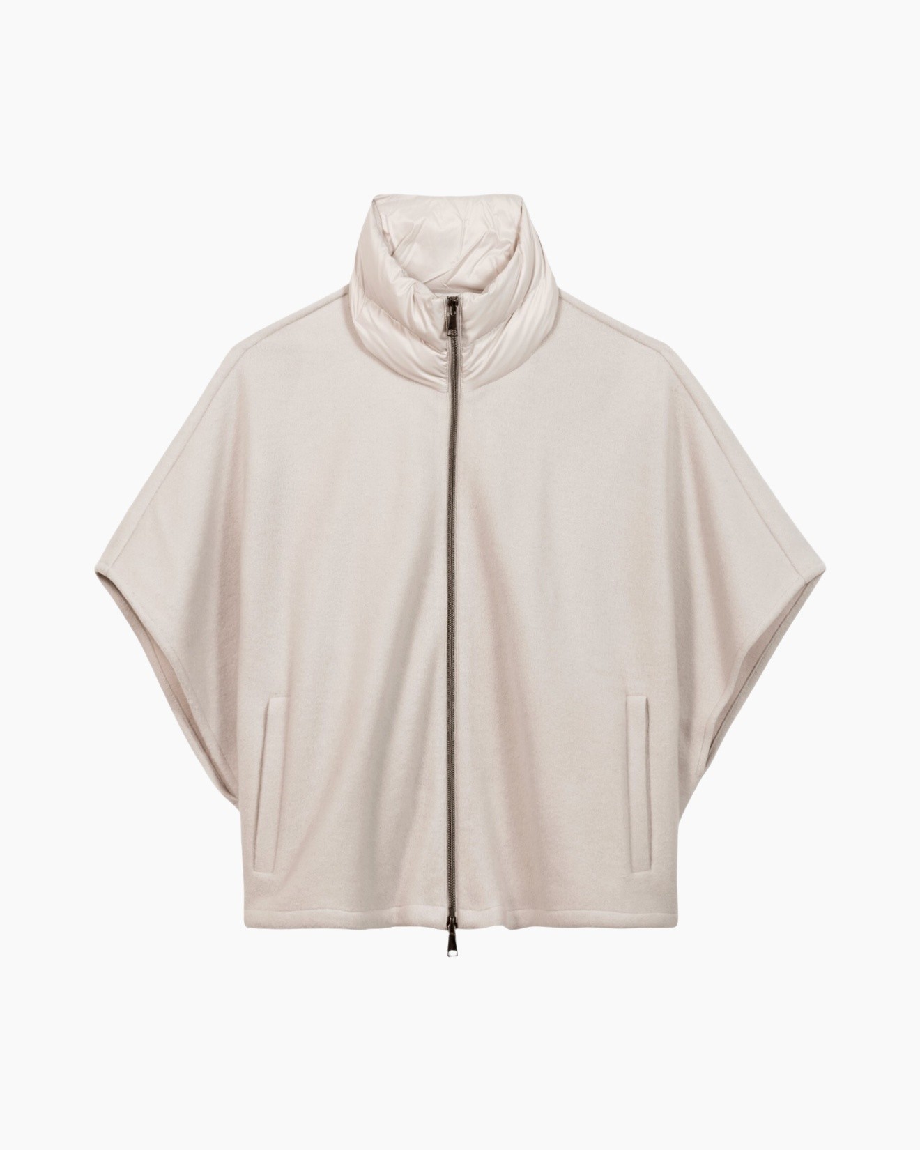 cape, poncho, zipper, padded collar, beige