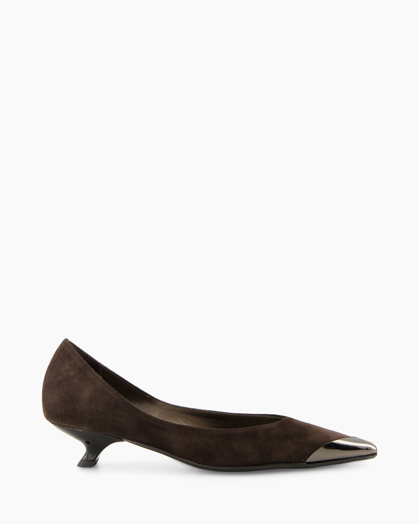 pump, brown,  suede, metal toe, kitten heel